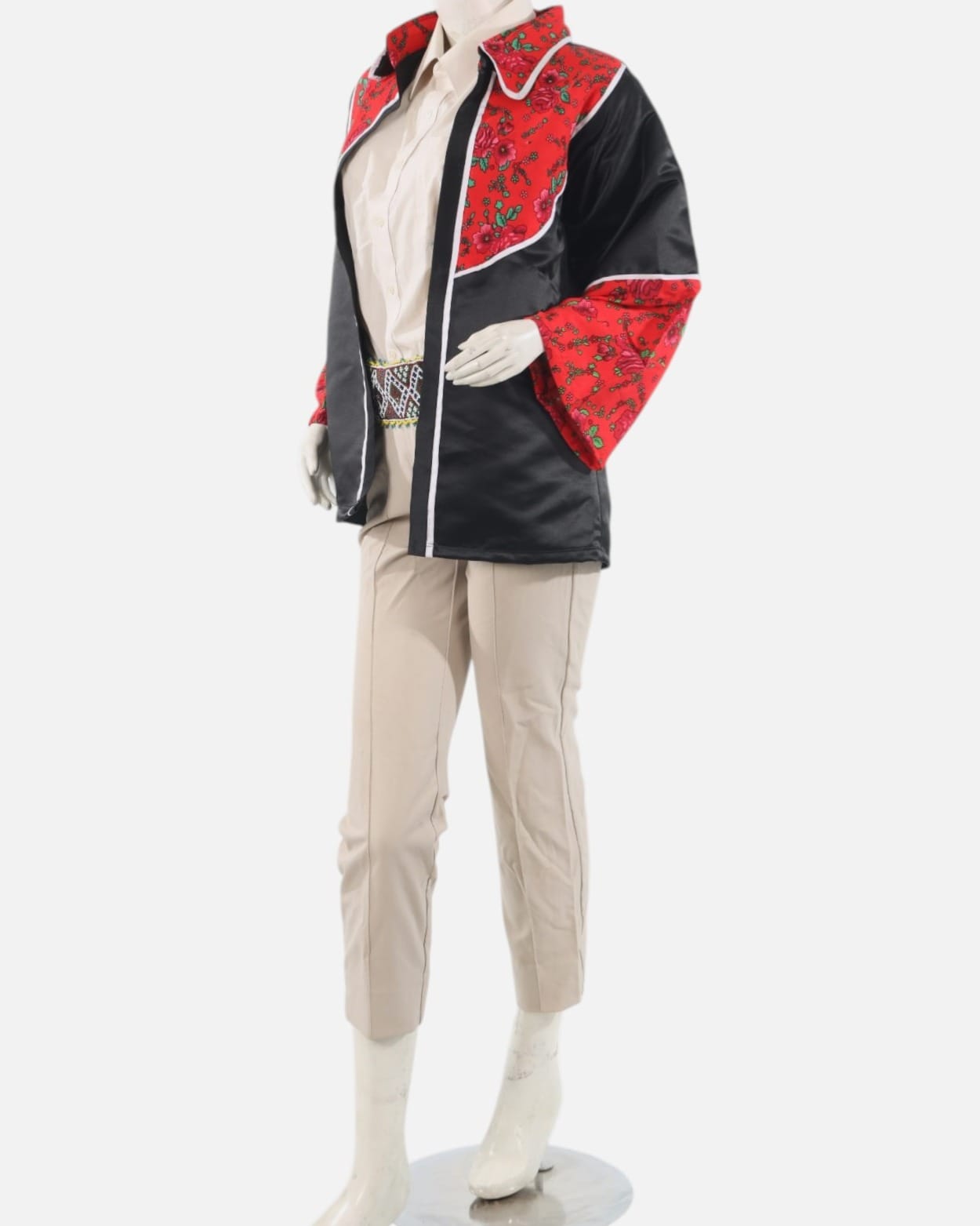 Red & Black Afghan Apple Blossom Satin Kurti Jacket – Traditional Floral Cultural Coat for Women