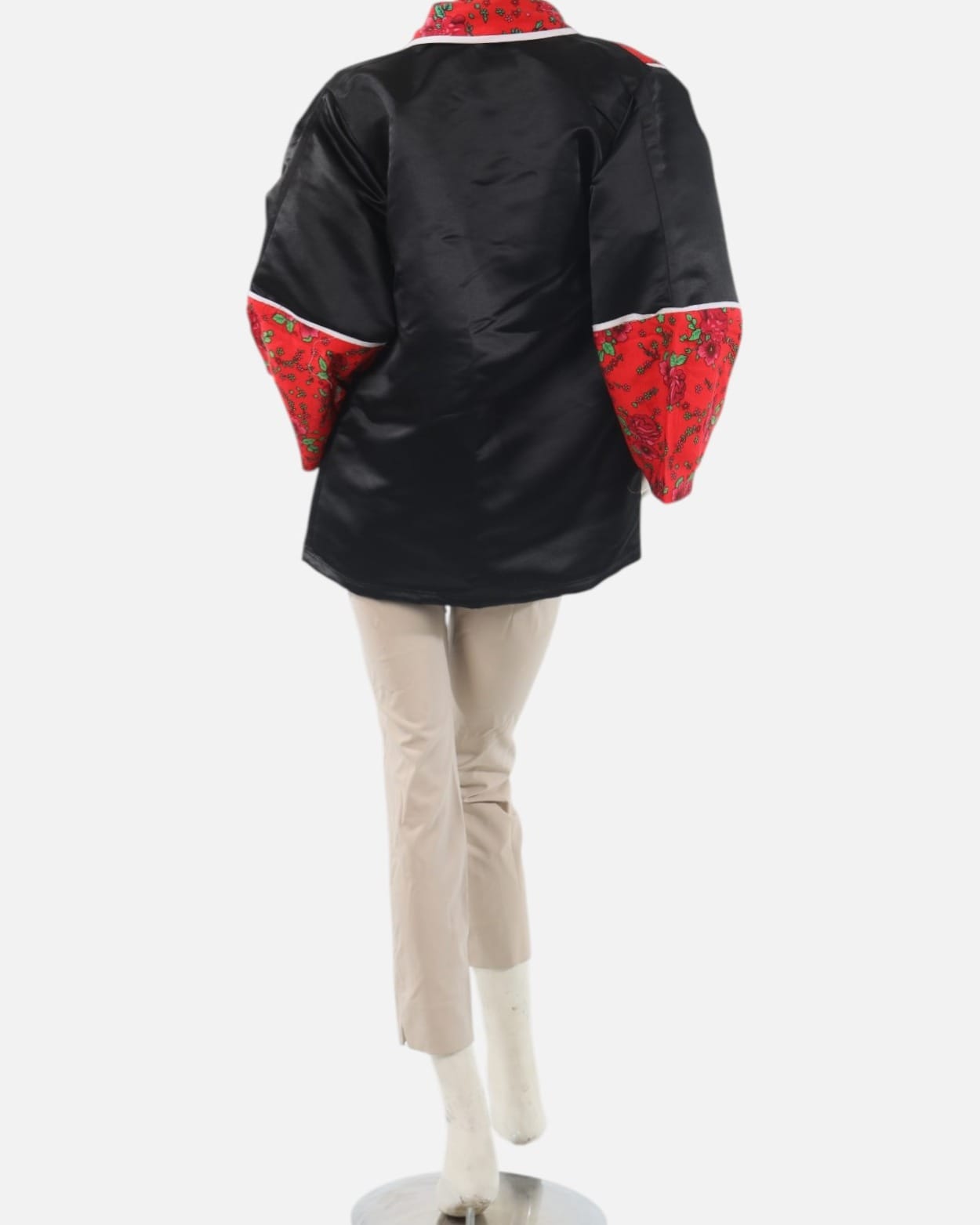 Red & Black Afghan Apple Blossom Satin Kurti Jacket – Traditional Floral Cultural Coat for Women