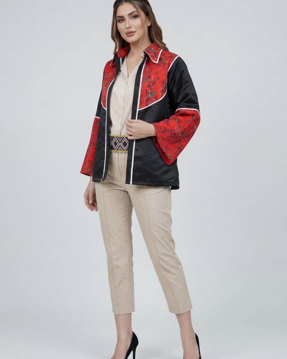 Red & Black Afghan Apple Blossom Satin Kurti Jacket – Traditional Floral Cultural Coat for Women