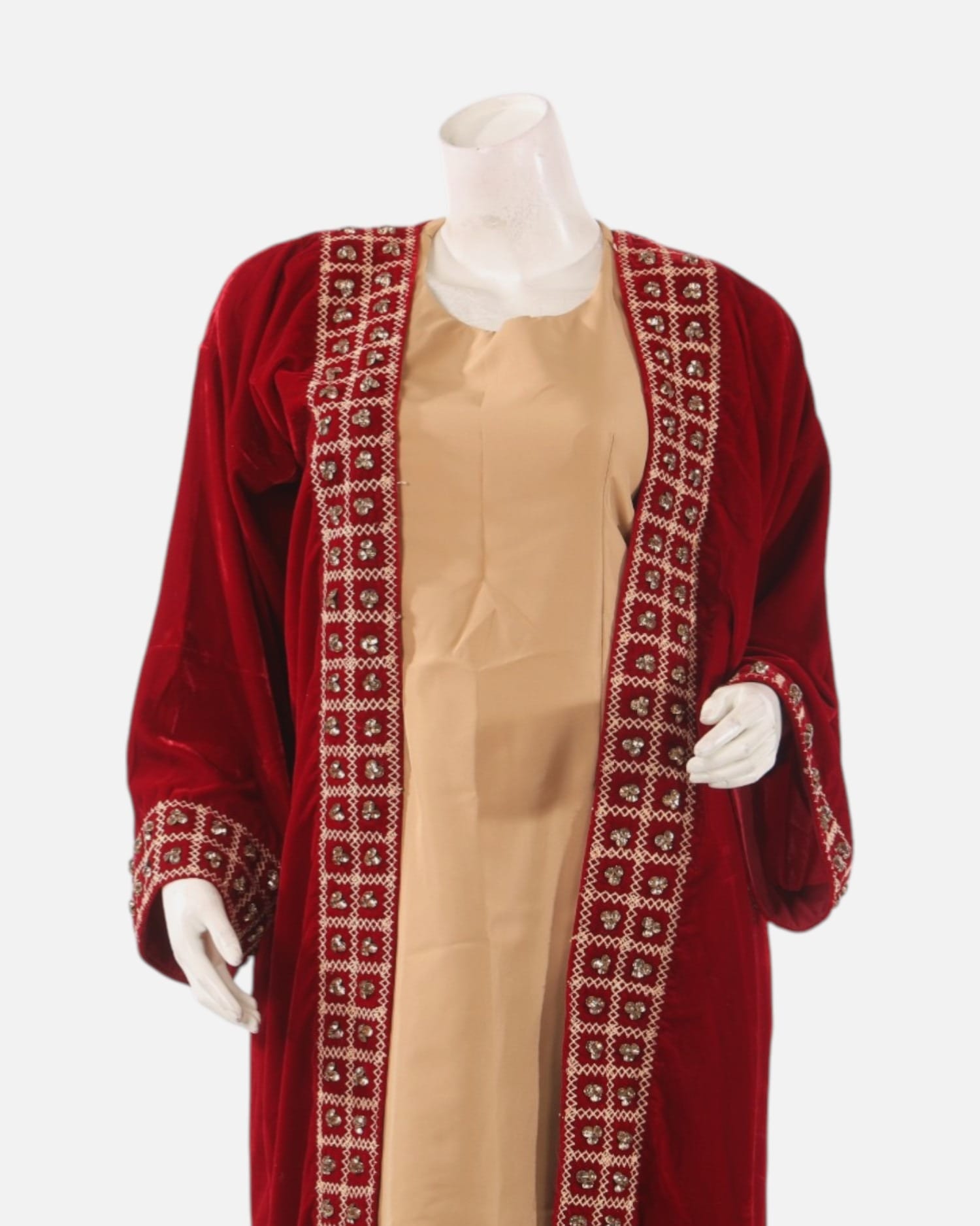 Red Velvet Afghan Chapan Coat with Yakak Embroidery – Traditional Cultural Jacket with Beige Under Dress