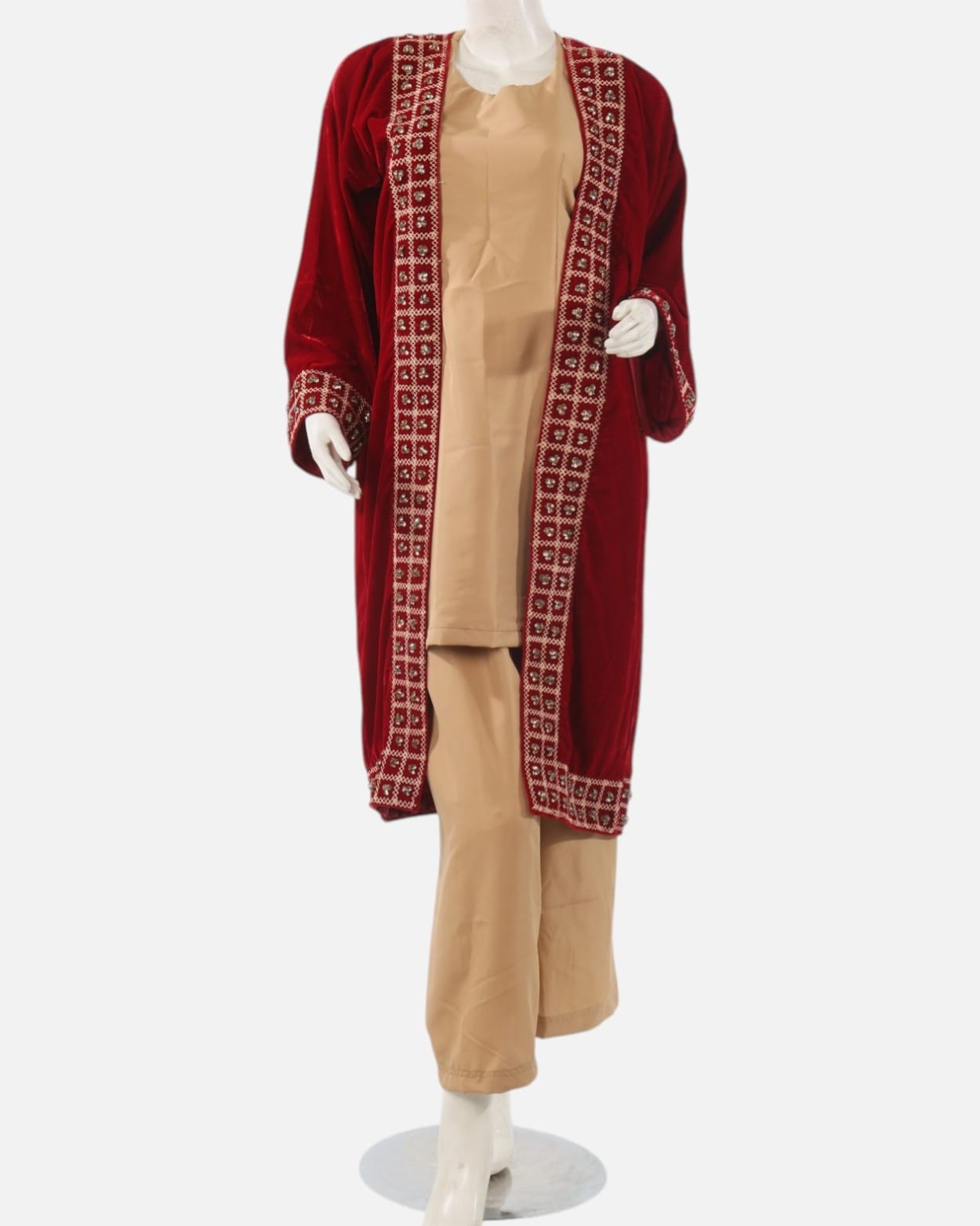 Red Velvet Afghan Chapan Coat with Yakak Embroidery – Traditional Cultural Jacket with Beige Under Dress