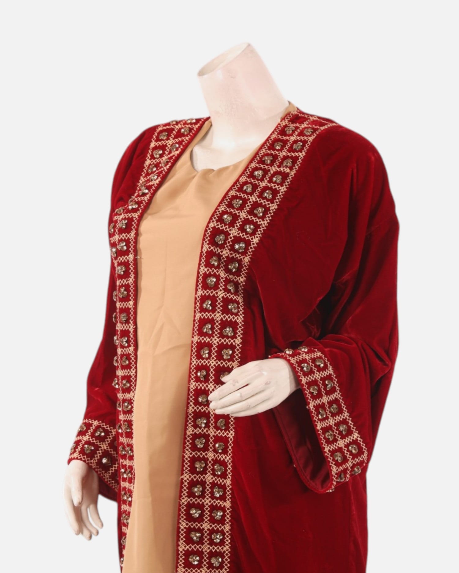Red Velvet Afghan Chapan Coat with Yakak Embroidery – Traditional Cultural Jacket with Beige Under Dress
