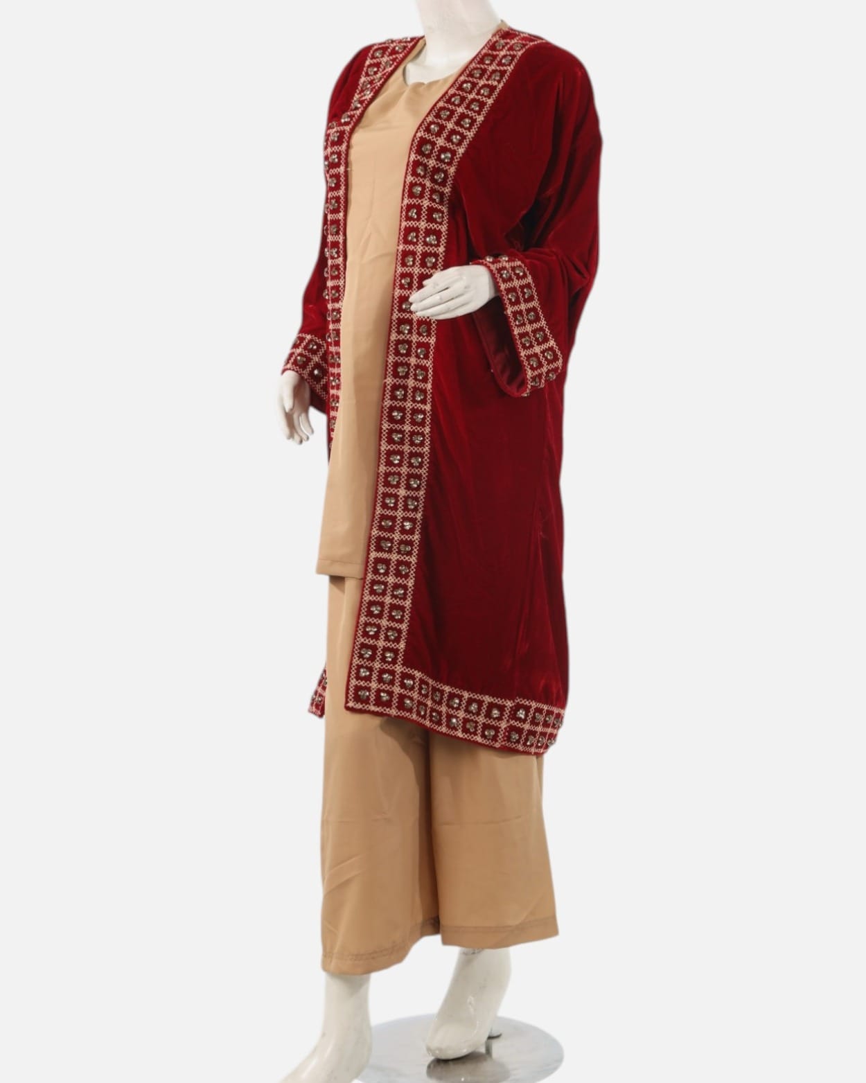 Red Velvet Afghan Chapan Coat with Yakak Embroidery – Traditional Cultural Jacket with Beige Under Dress