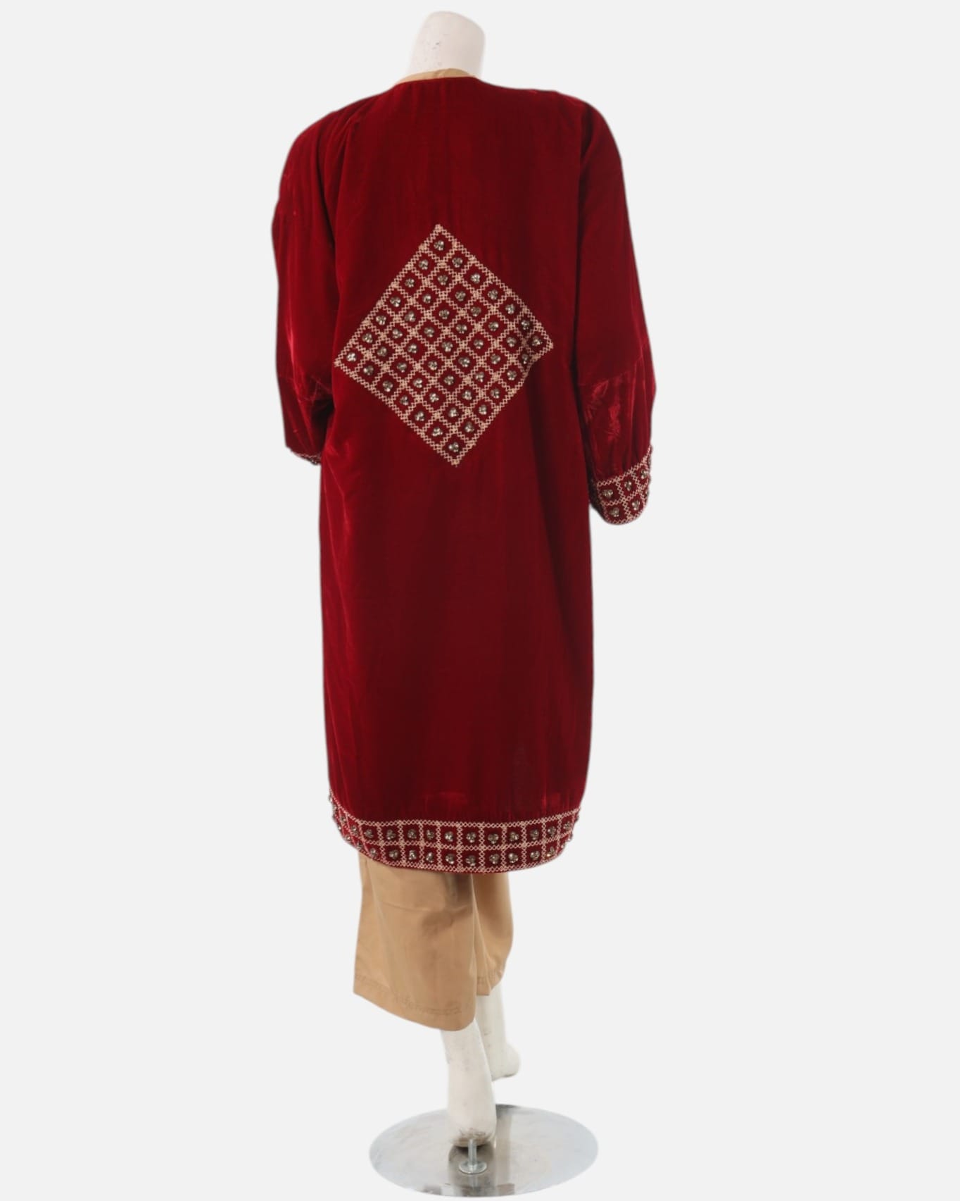 Red Velvet Afghan Chapan Coat with Yakak Embroidery – Traditional Cultural Jacket with Beige Under Dress