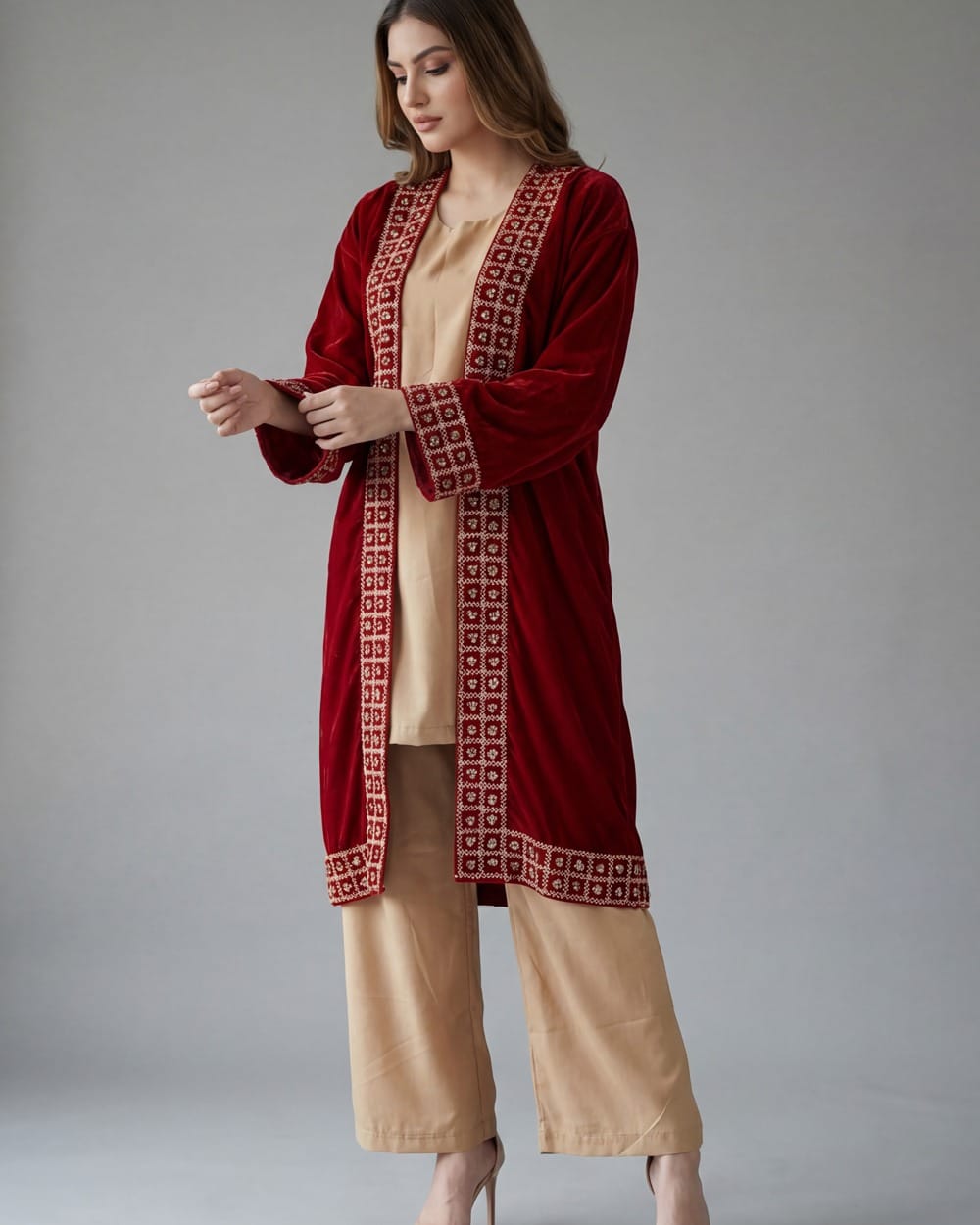 Red Velvet Afghan Chapan Coat with Yakak Embroidery – Traditional Cultural Jacket with Beige Under Dress