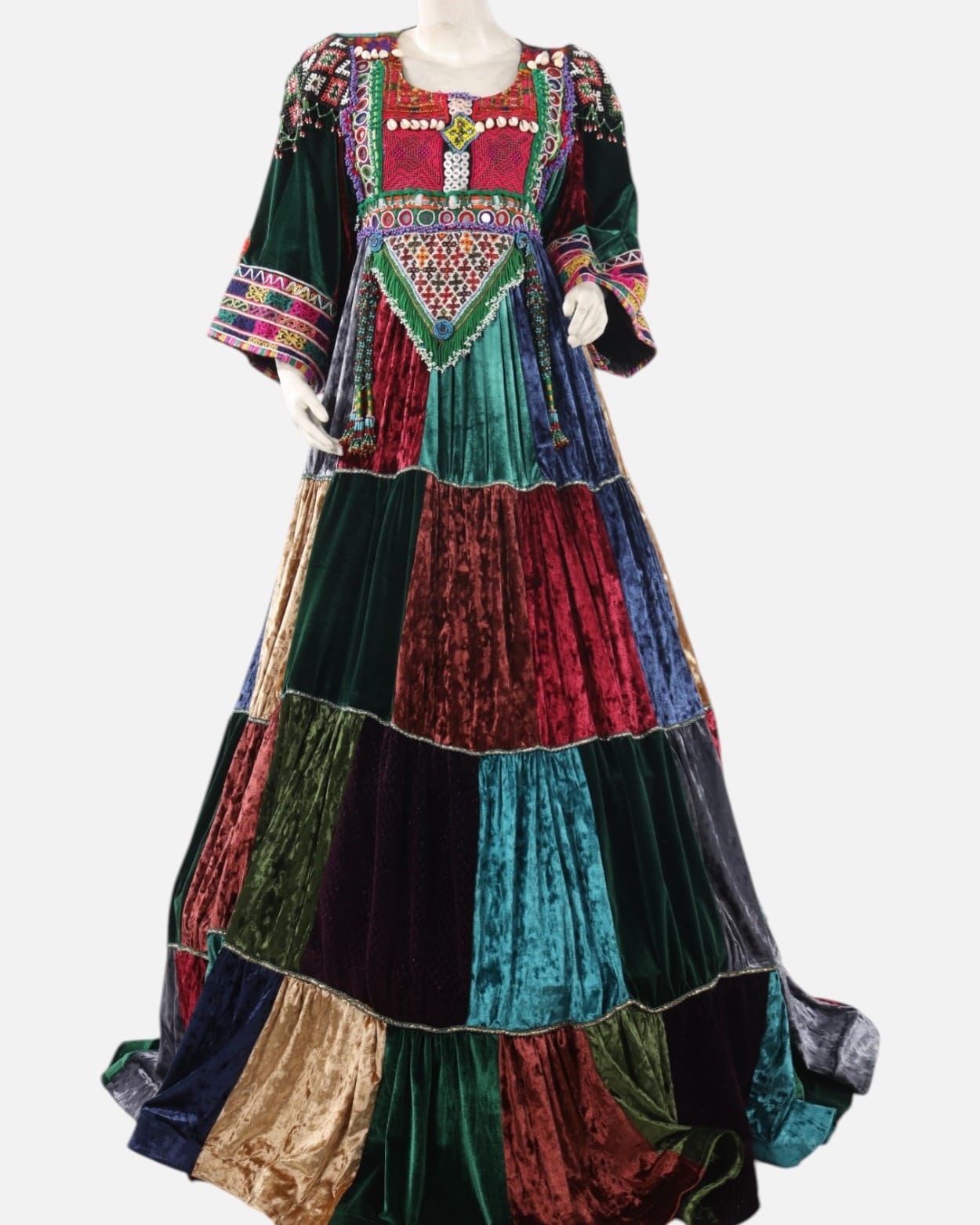 Multicolor Afghan Velvet Patchwork Dress – Traditional Handmade Afghan Cultural Festival Gown