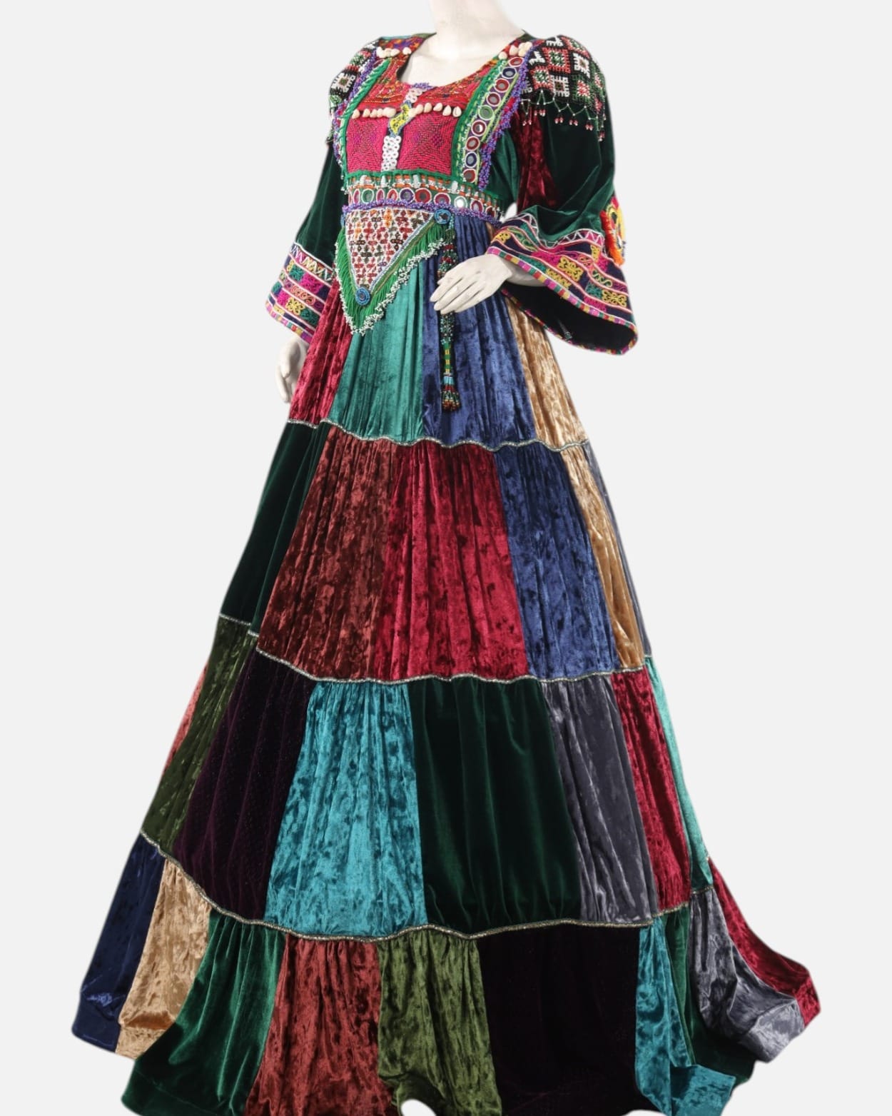 Multicolor Afghan Velvet Patchwork Dress – Traditional Handmade Afghan Cultural Festival Gown