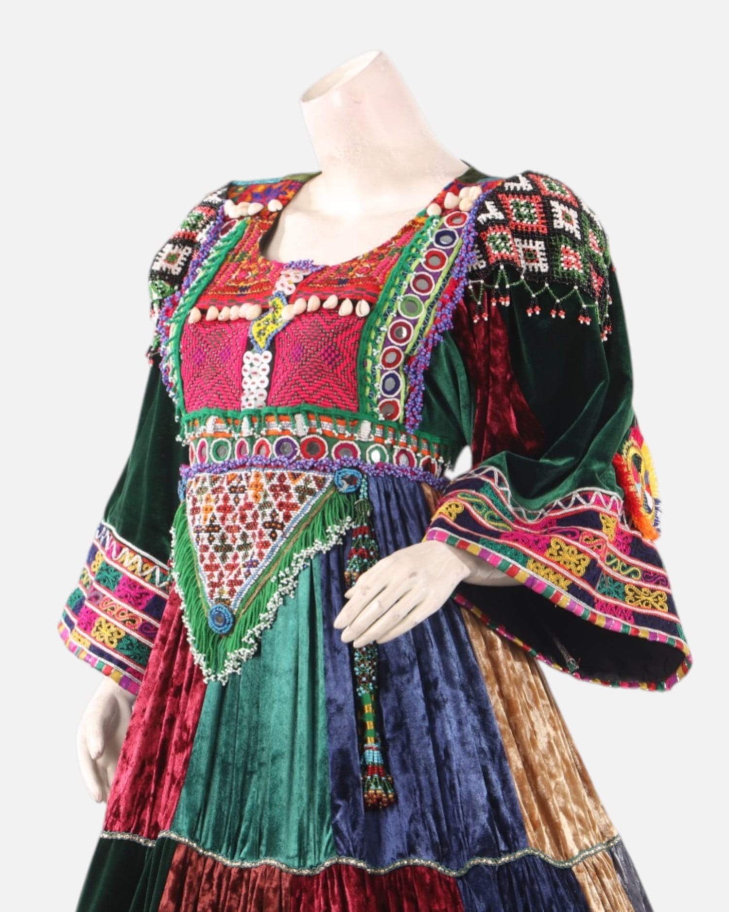 Multicolor Afghan Velvet Patchwork Dress – Traditional Handmade Afghan Cultural Festival Gown