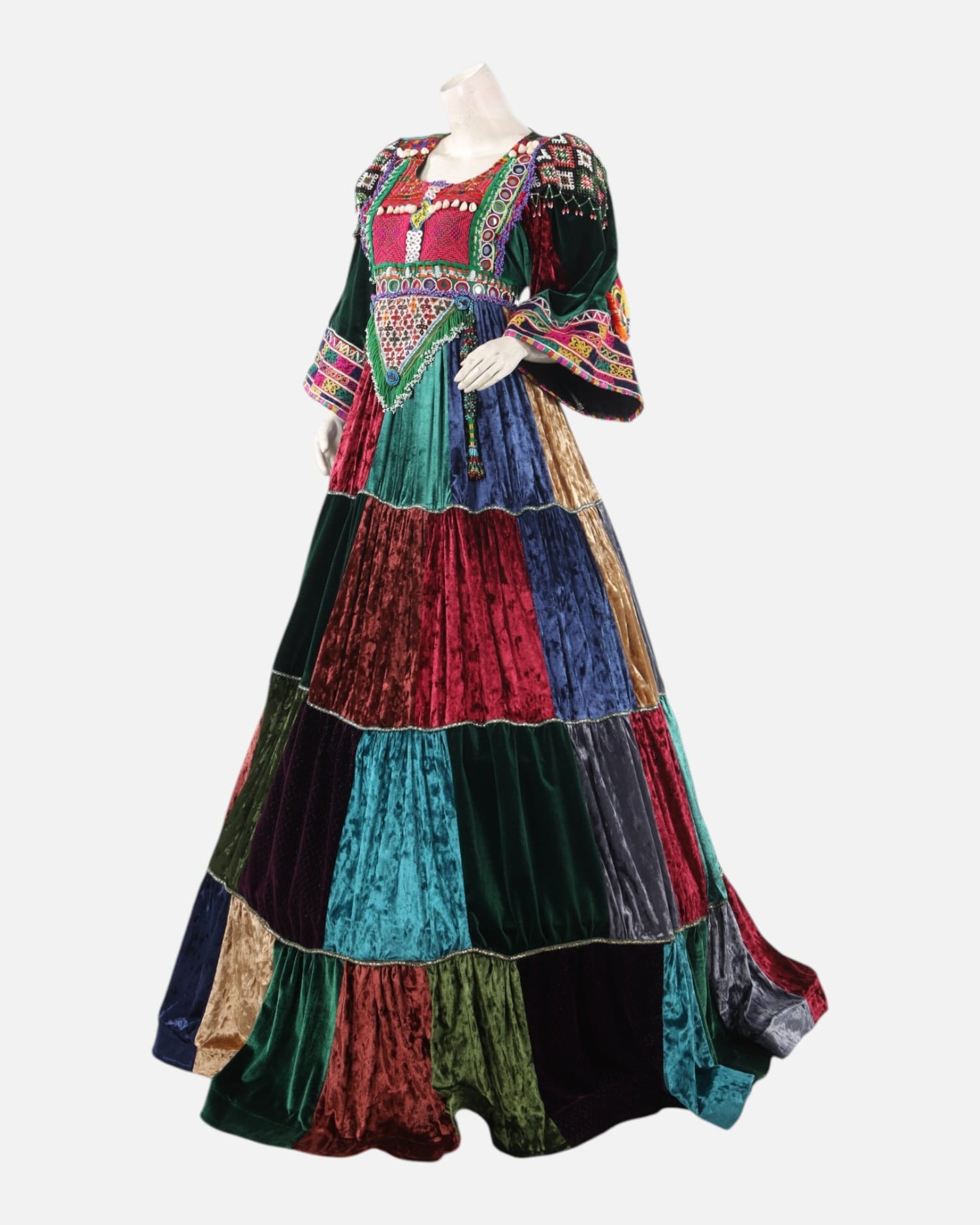Multicolor Afghan Velvet Patchwork Dress – Traditional Handmade Afghan Cultural Festival Gown