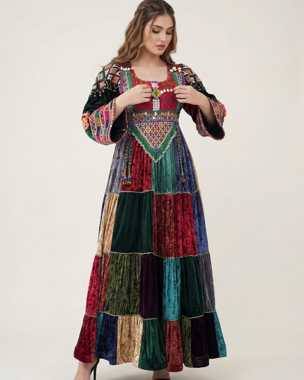 Multicolor Afghan Velvet Patchwork Dress – Traditional Handmade Afghan Cultural Festival Gown