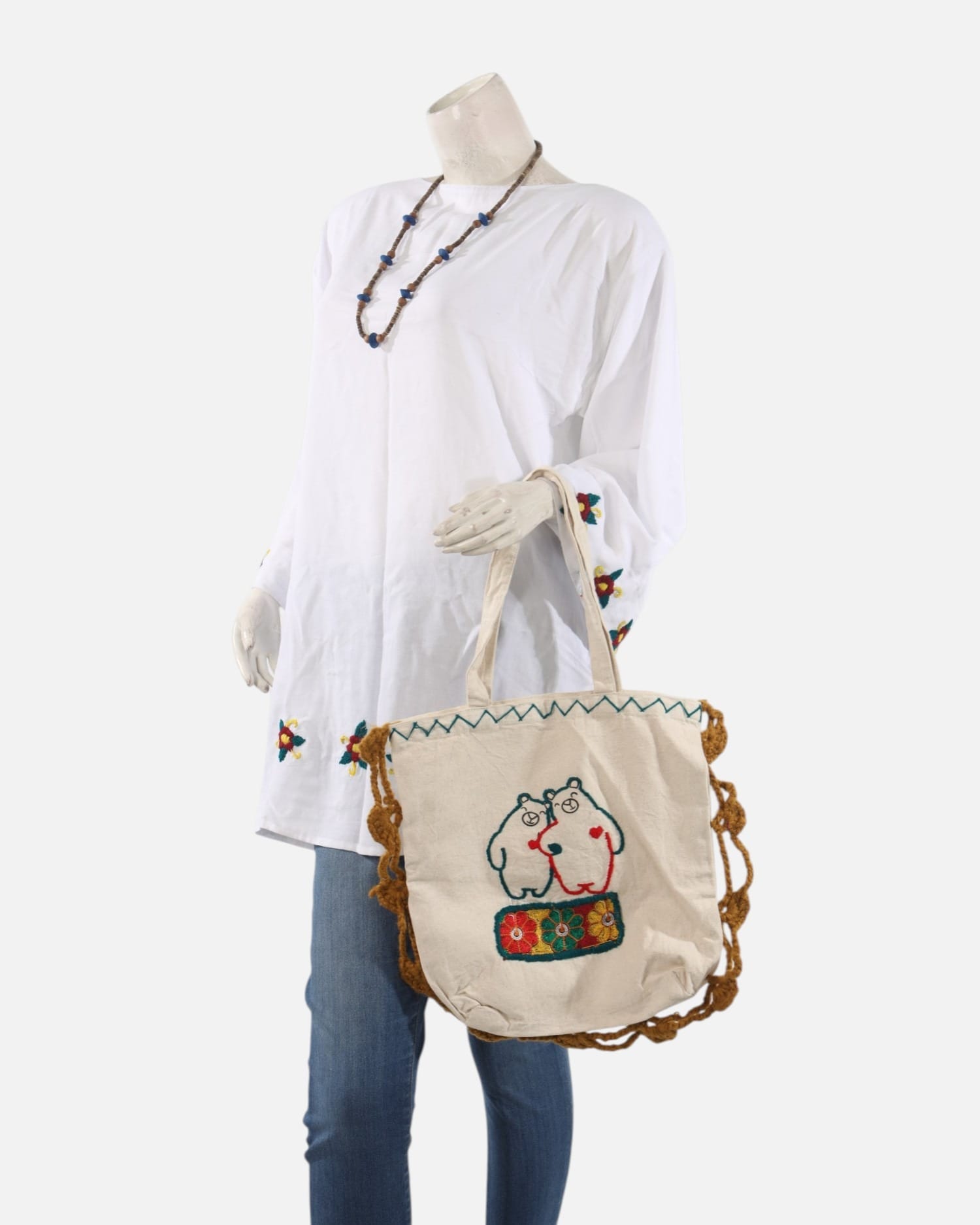 White Afghan  Tunic & Handmade Embroidered Canvas Tote Bag