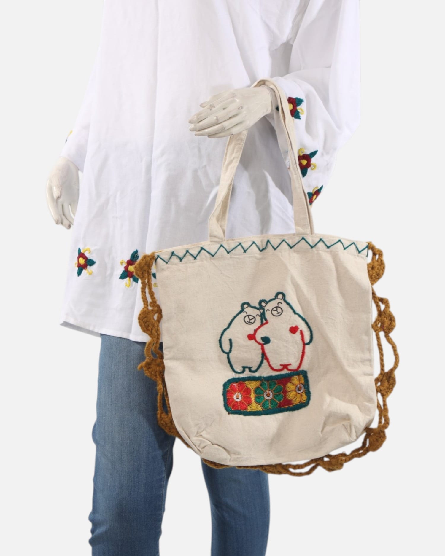 White Afghan  Tunic & Handmade Embroidered Canvas Tote Bag