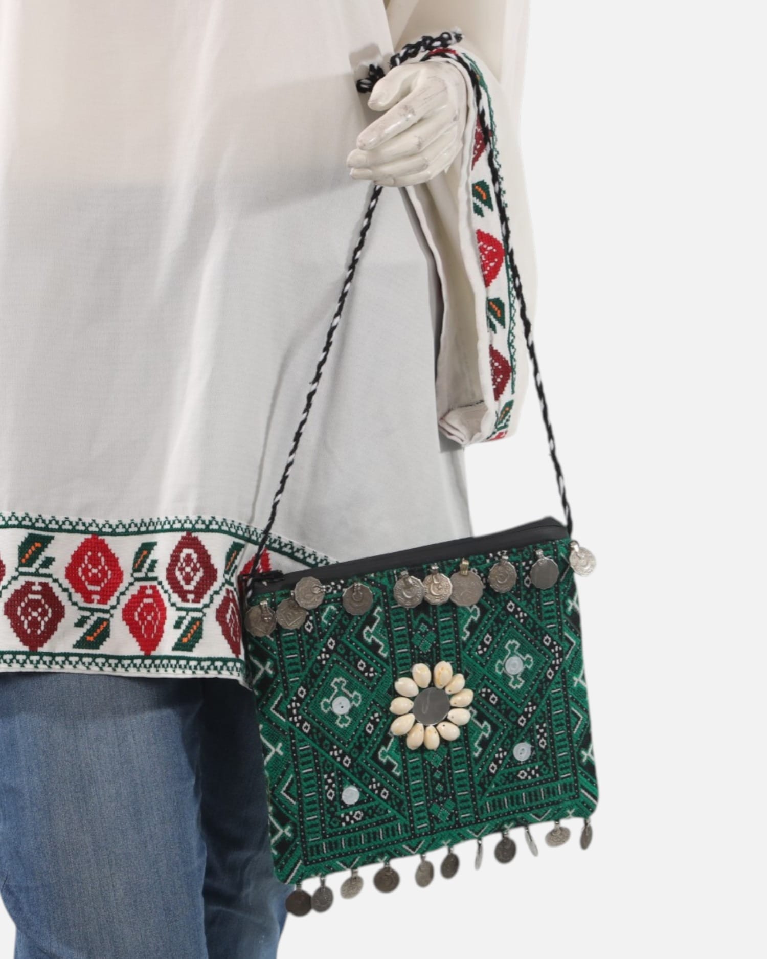 Embroidered White Tunic with Handmade Green Embroidered Bag – Traditional Afghan Women Top