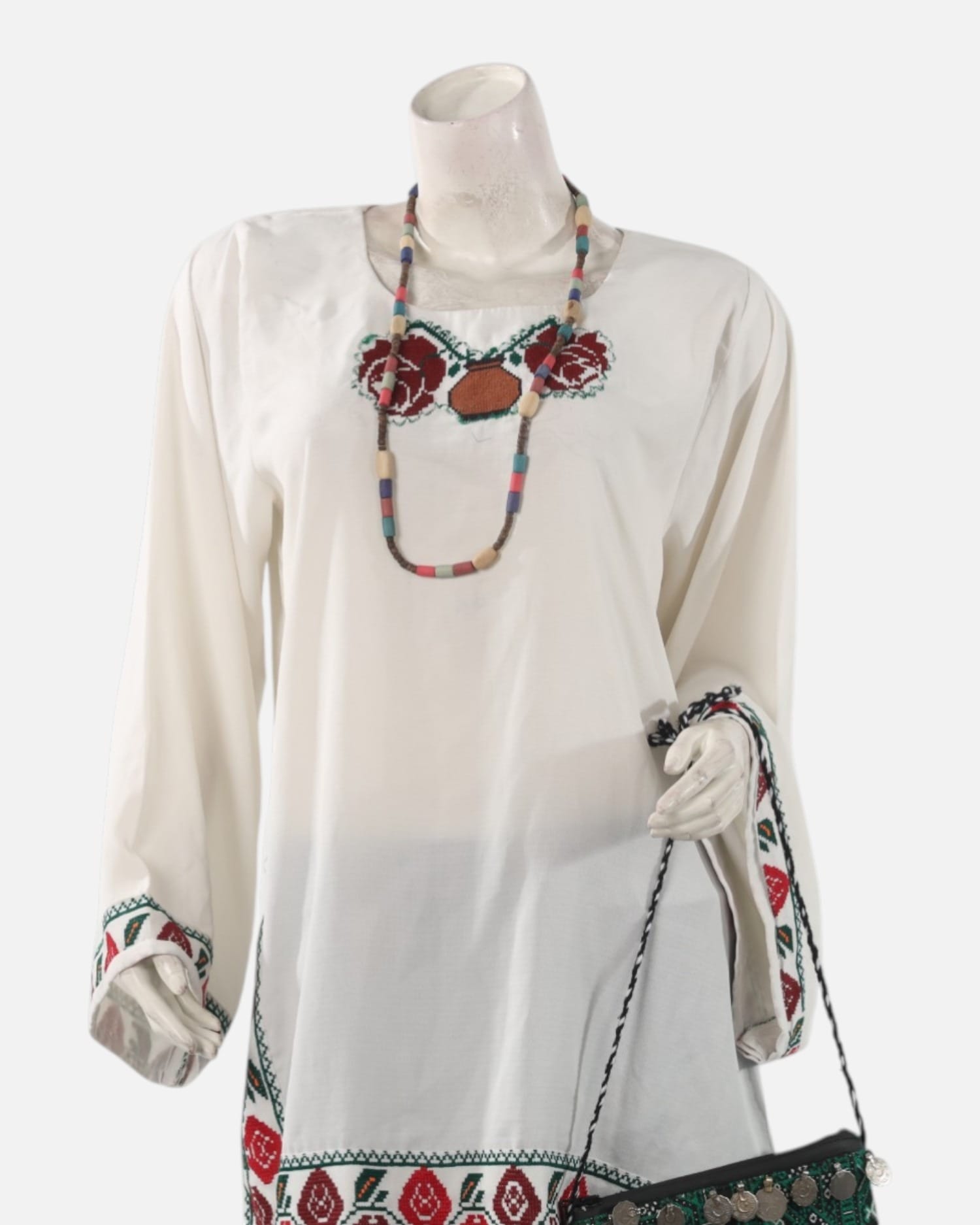 Embroidered White Tunic with Handmade Green Embroidered Bag – Traditional Afghan Women Top