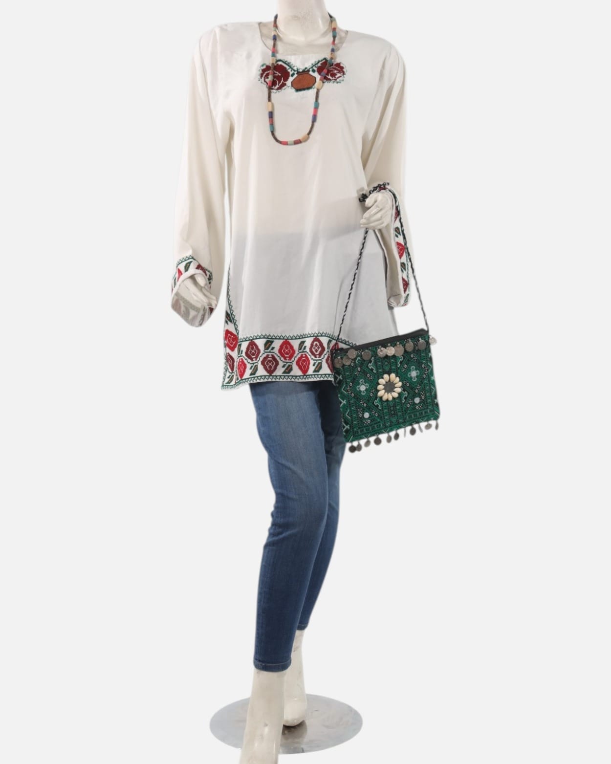 Embroidered White Tunic with Handmade Green Embroidered Bag – Traditional Afghan Women Top