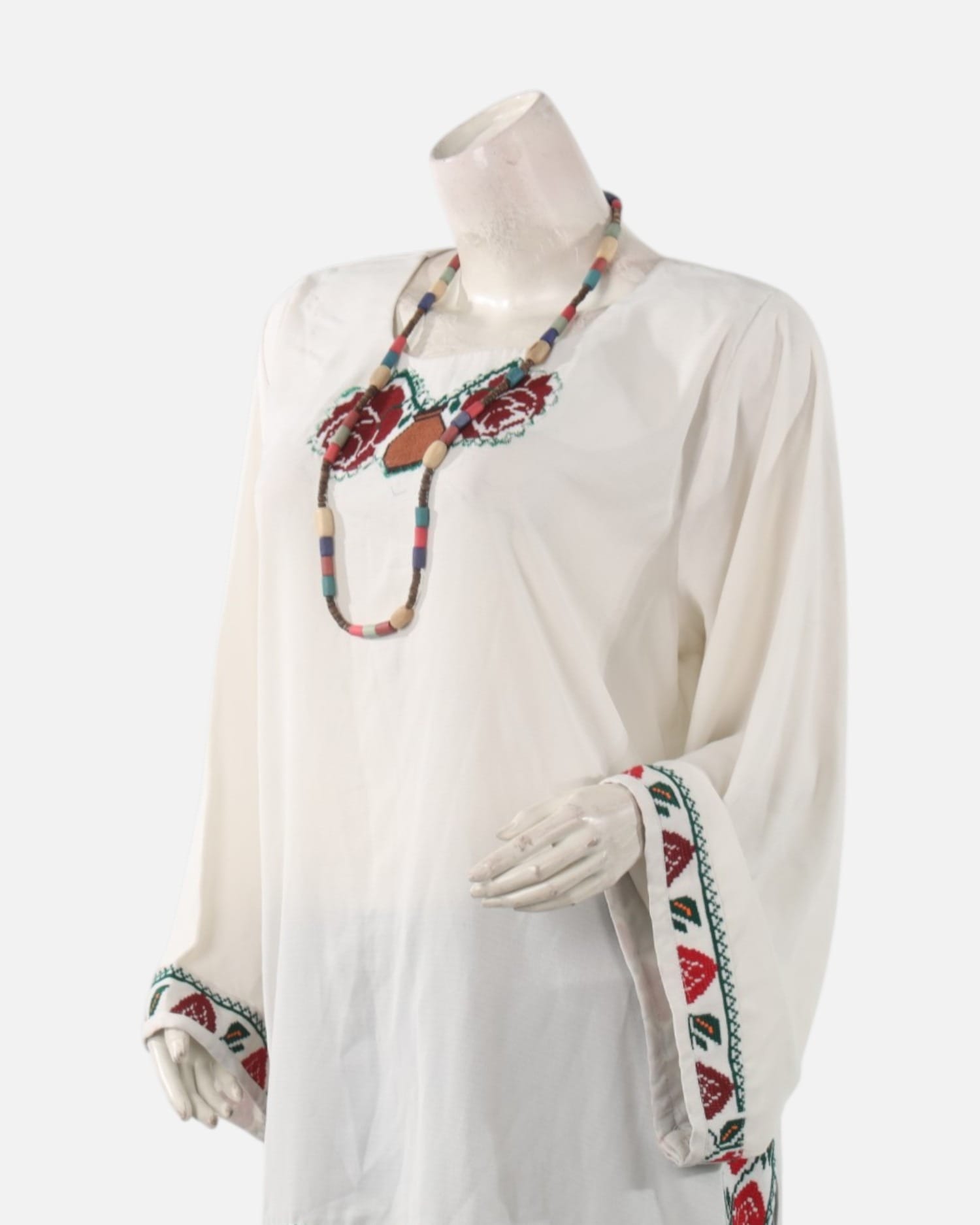 Embroidered White Tunic with Handmade Green Embroidered Bag – Traditional Afghan Women Top