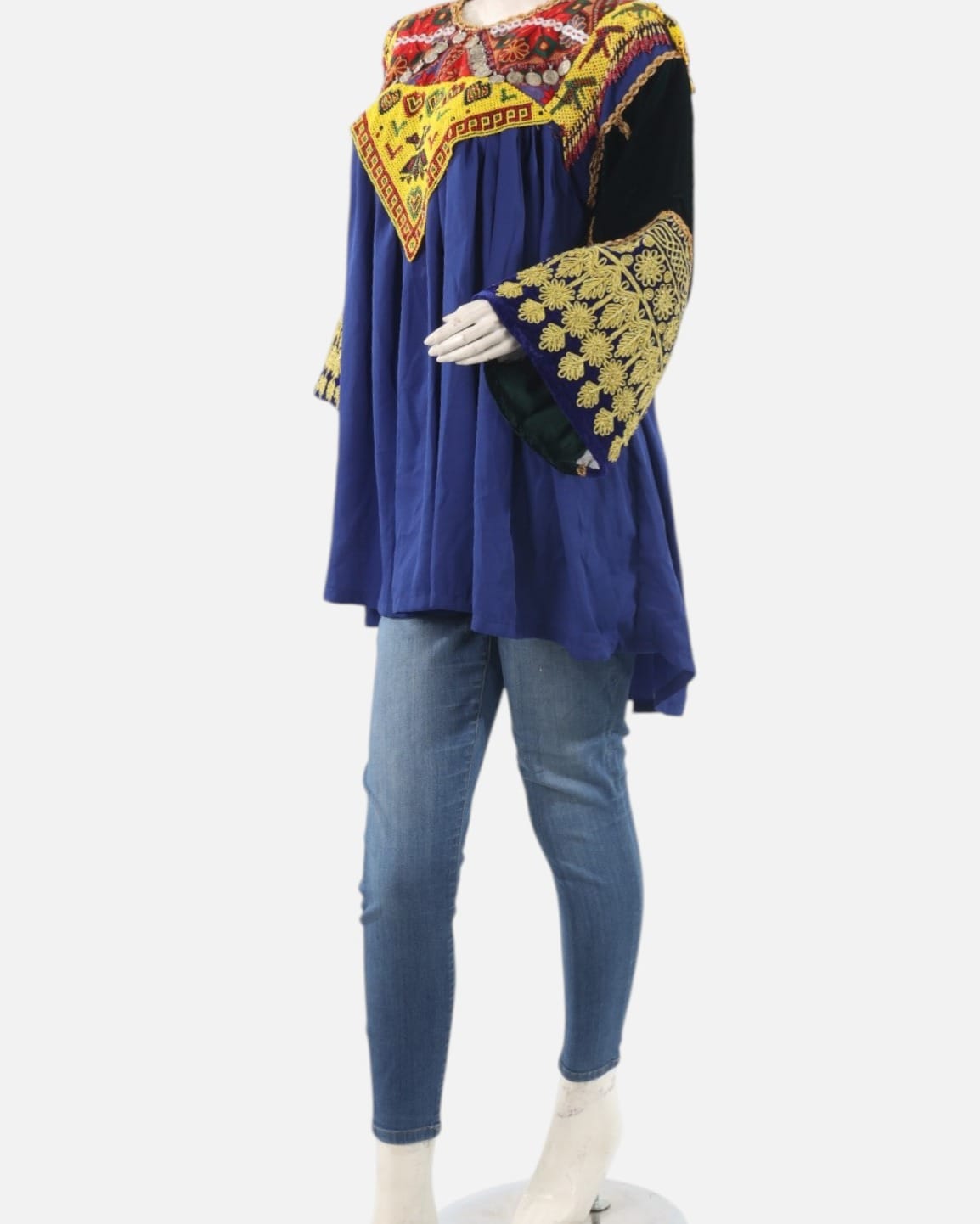 Royal Blue Afghan Gand Embroidered Tunic – Traditional Fabric Women Top