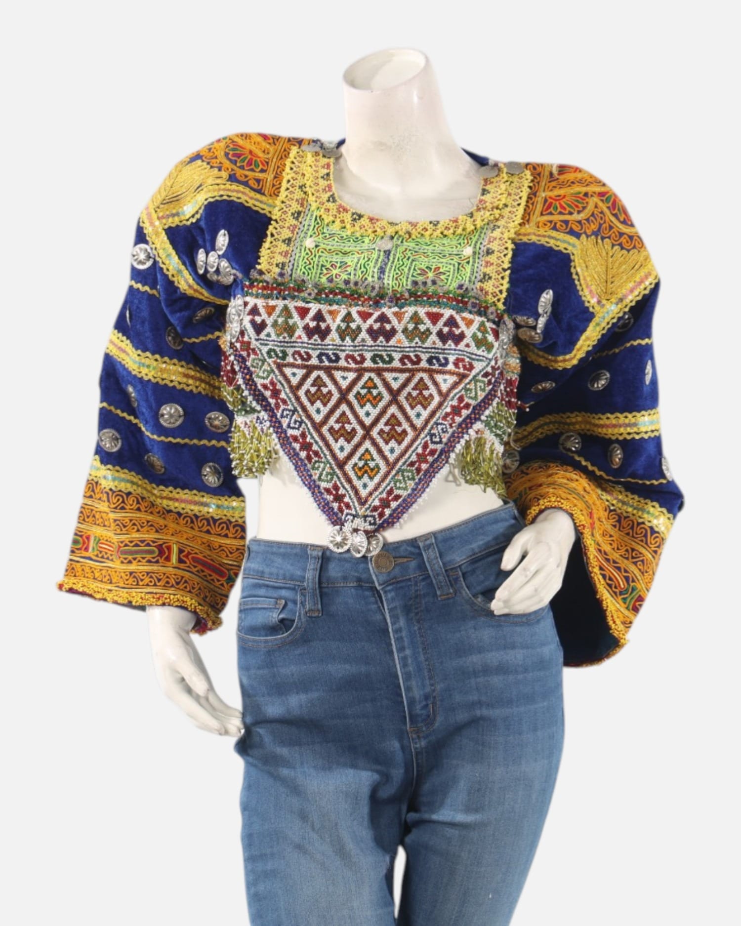Blue Velvet Gand Embroidered Crop Top – Traditional Afghan Handmade Blouse