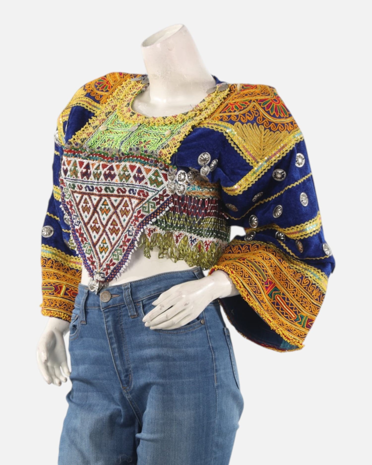 Blue Velvet Gand Embroidered Crop Top – Traditional Afghan Handmade Blouse
