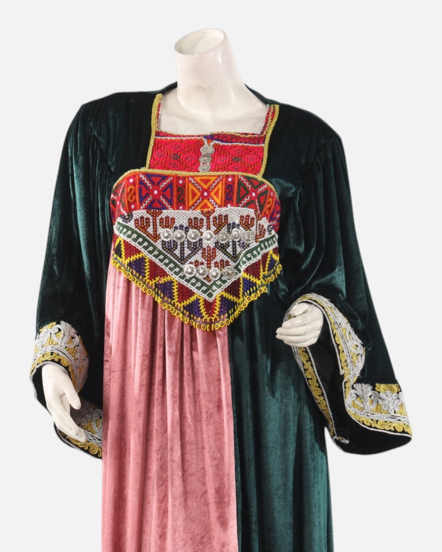Emerald Green & Rose Pink Afghan Gand Velvet Dress with Traditional Morah Embroidery