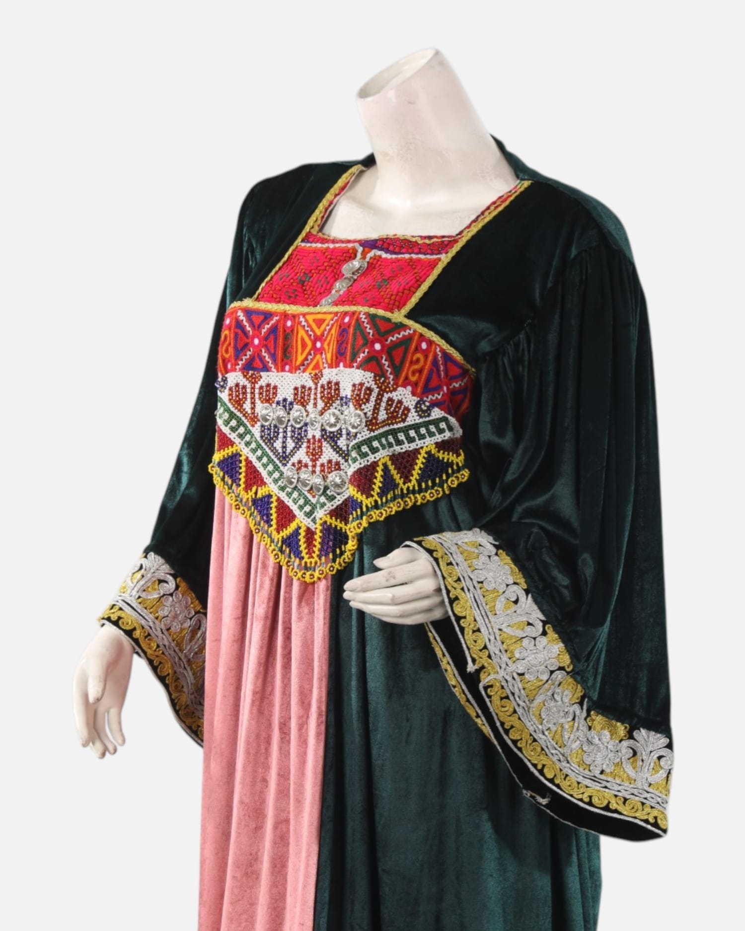 Emerald Green & Rose Pink Afghan Gand Velvet Dress with Traditional Morah Embroidery