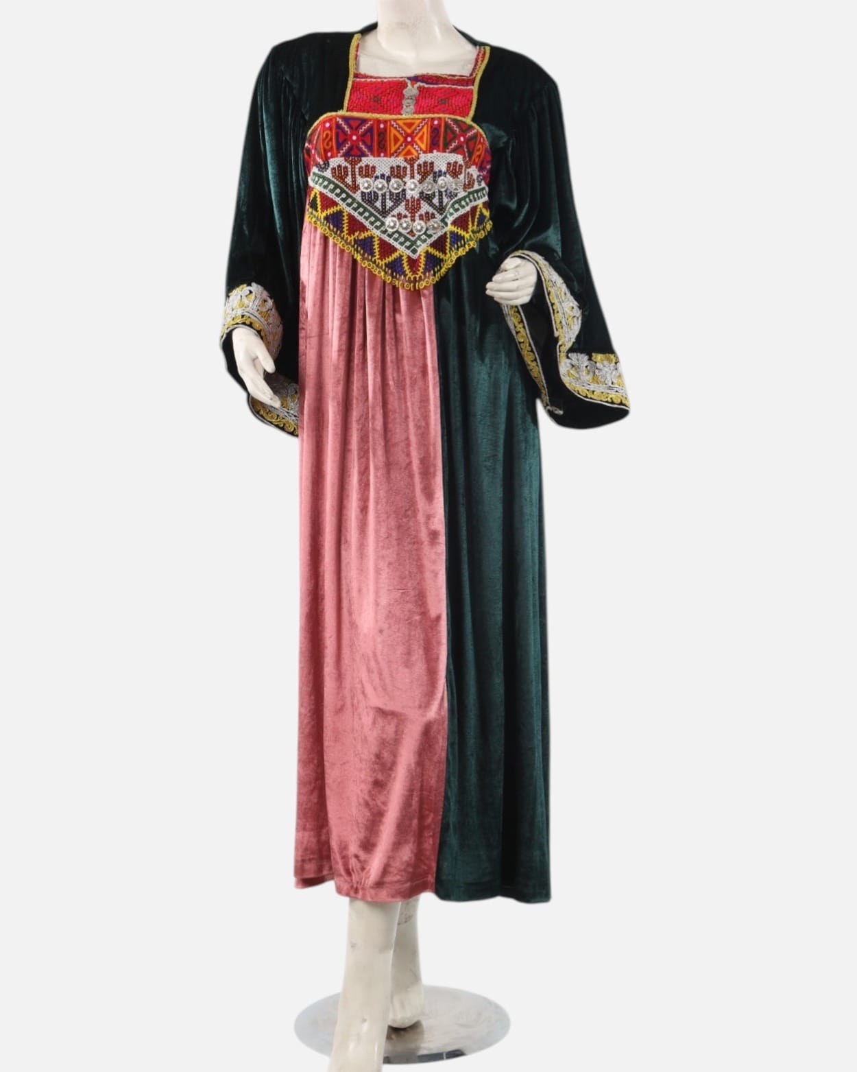 Emerald Green & Rose Pink Afghan Gand Velvet Dress with Traditional Morah Embroidery