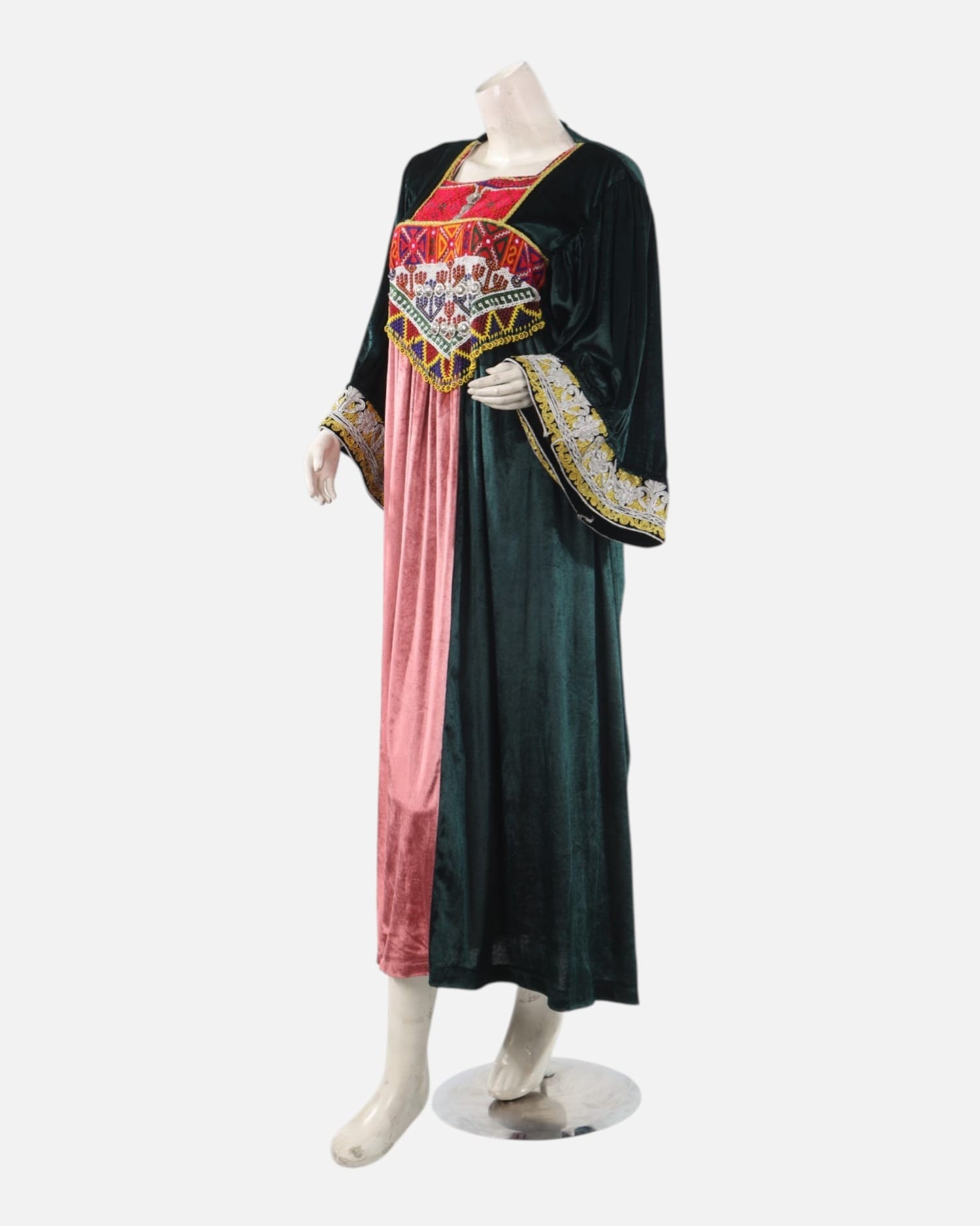 Emerald Green & Rose Pink Afghan Gand Velvet Dress with Traditional Morah Embroidery