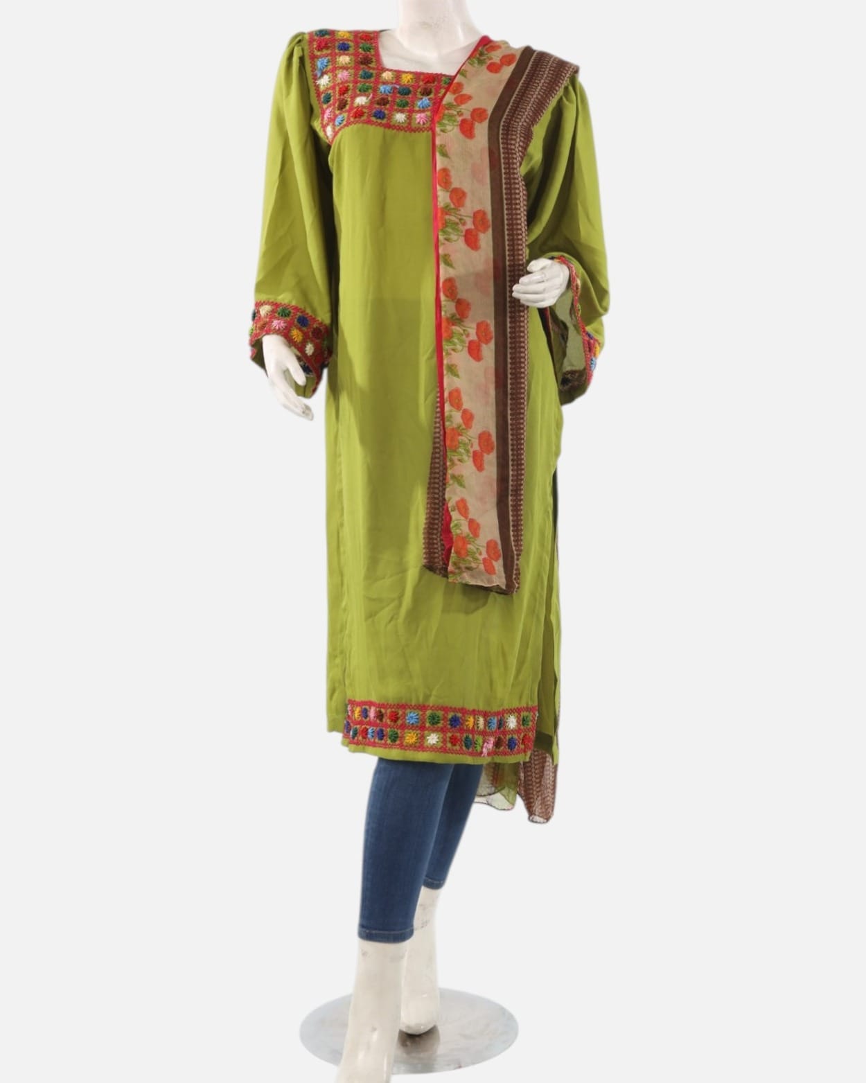 Punjabi Dress – Pistachio Green Traditional Embroidered Afghan Cultural Dress for Women