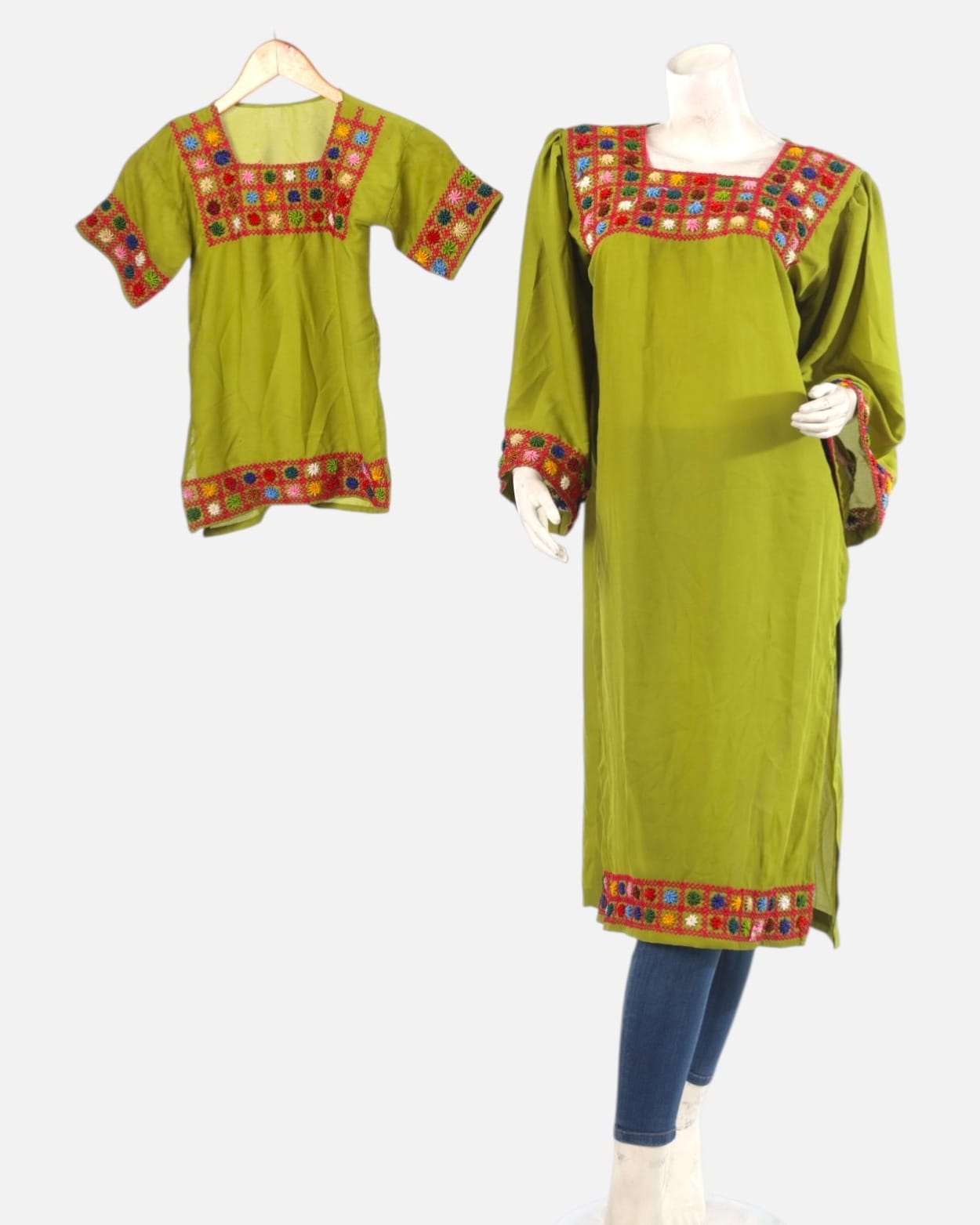 Punjabi Dress – Pistachio Green Traditional Embroidered Afghan Cultural Dress for Women