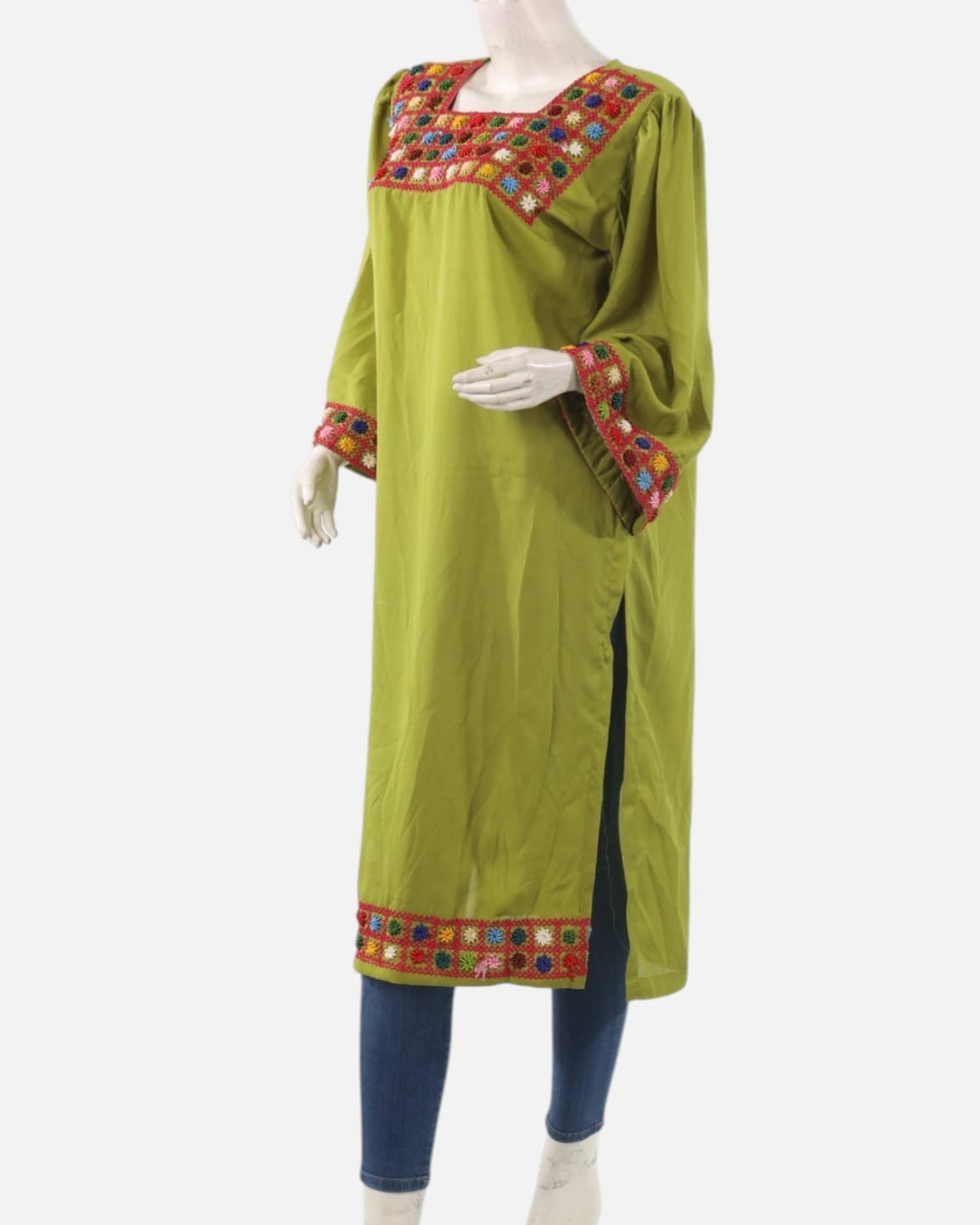 Punjabi Dress – Pistachio Green Traditional Embroidered Afghan Cultural Dress for Women