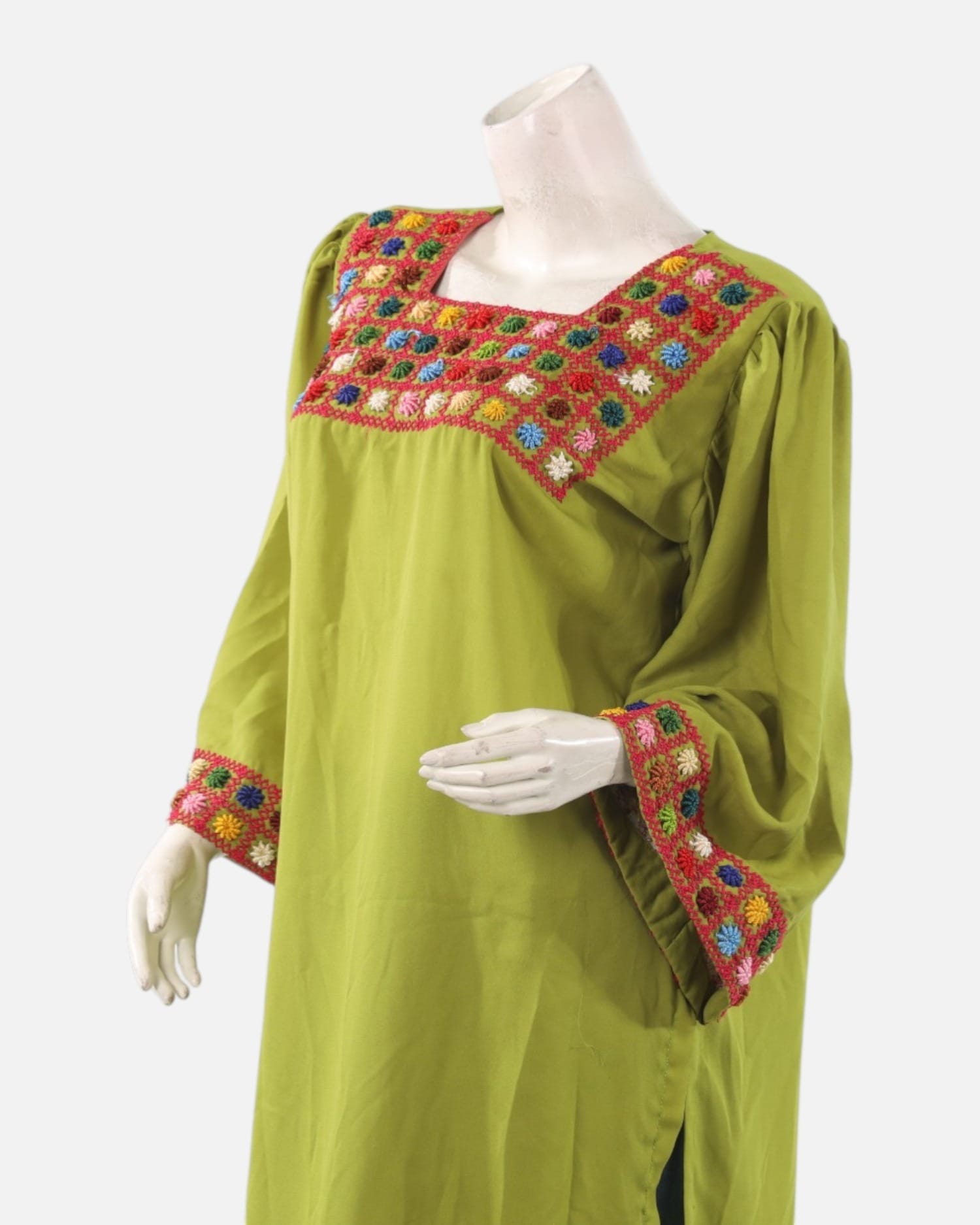 Punjabi Dress – Pistachio Green Traditional Embroidered Afghan Cultural Dress for Women