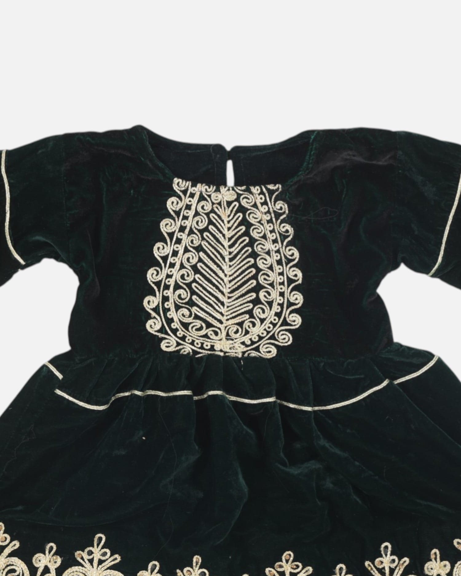 Kids  Embroidered Velvet Dress – Dark Green