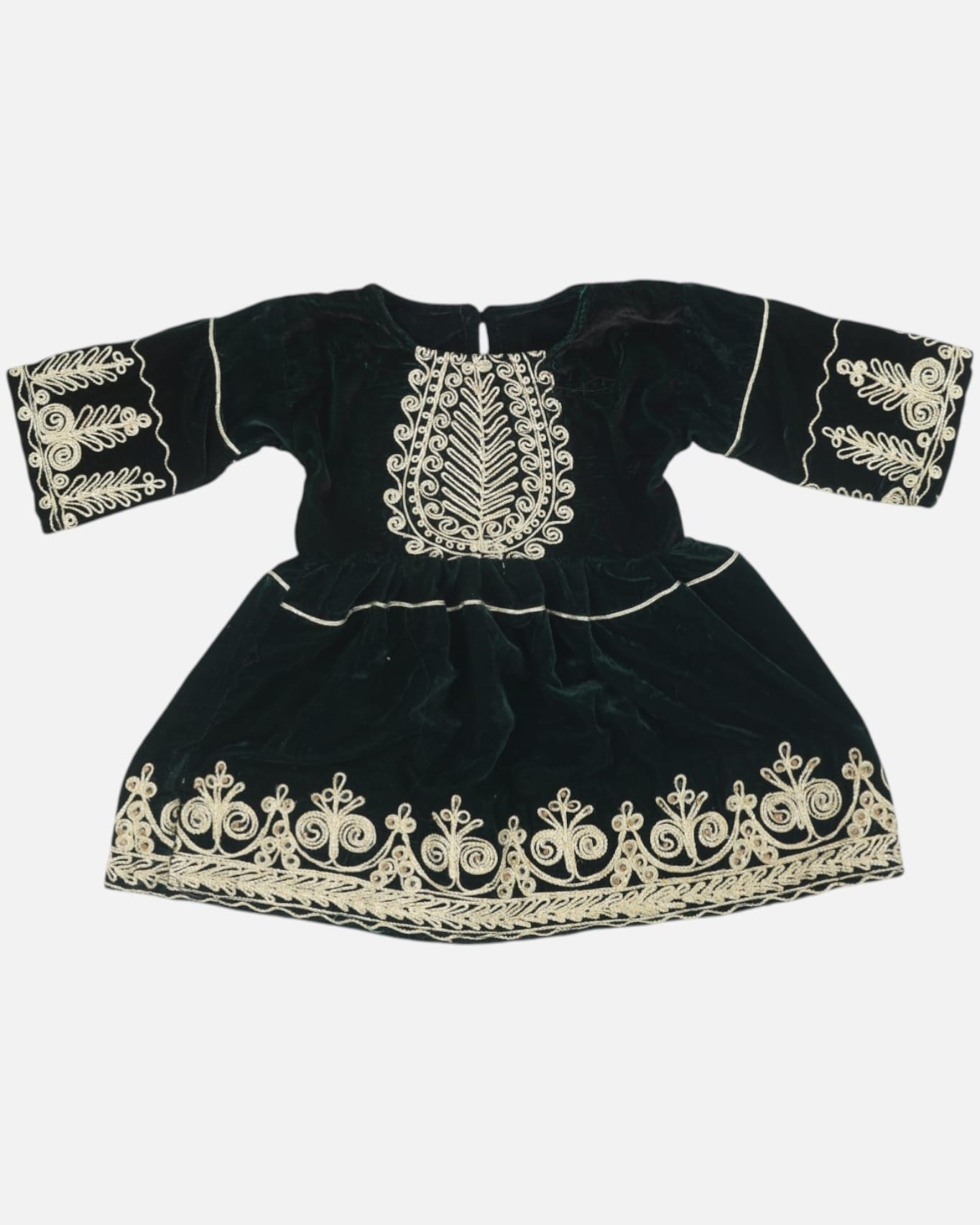 Kids  Embroidered Velvet Dress – Dark Green