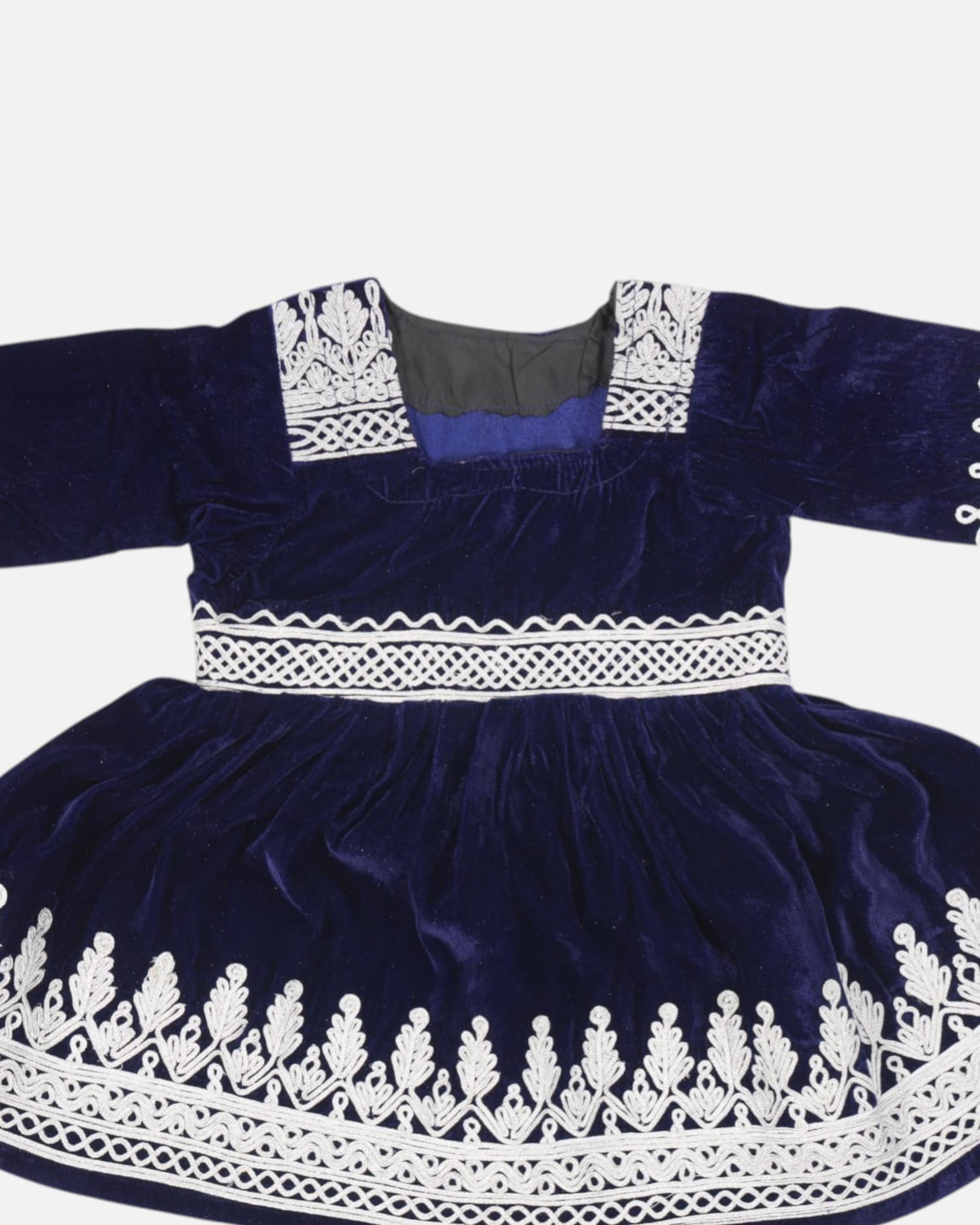 Afghan Kids Velvet Embroidered Dress with White Pants – Navy Blue Traditional Outfit