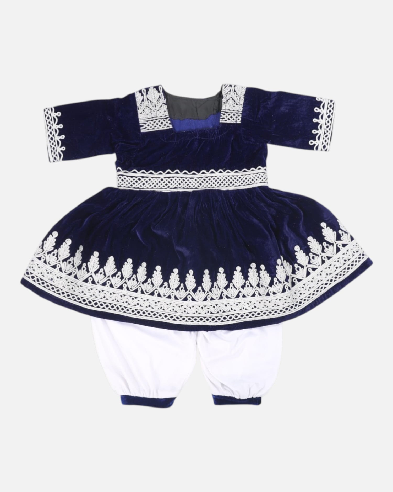Afghan Kids Velvet Embroidered Dress with White Pants – Navy Blue Traditional Outfit
