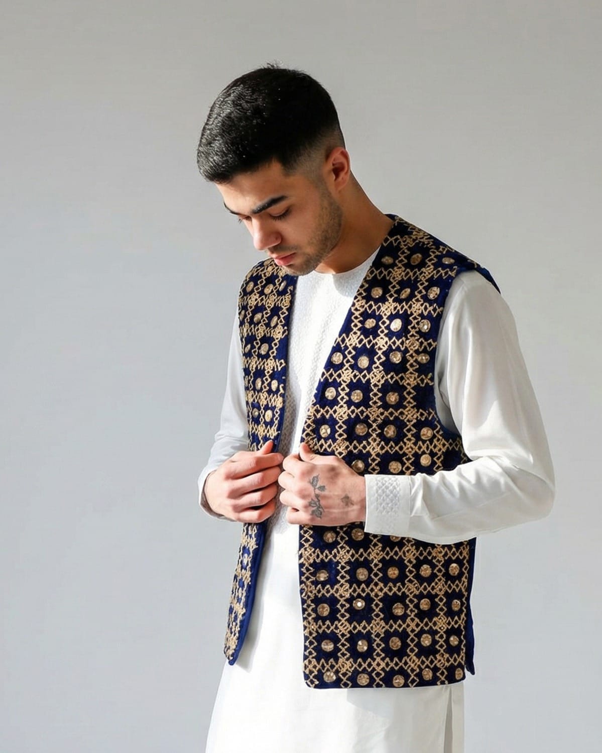 Waistcoat Velvet Embroidered Vest – Navy Blue Traditional Yakhak Design