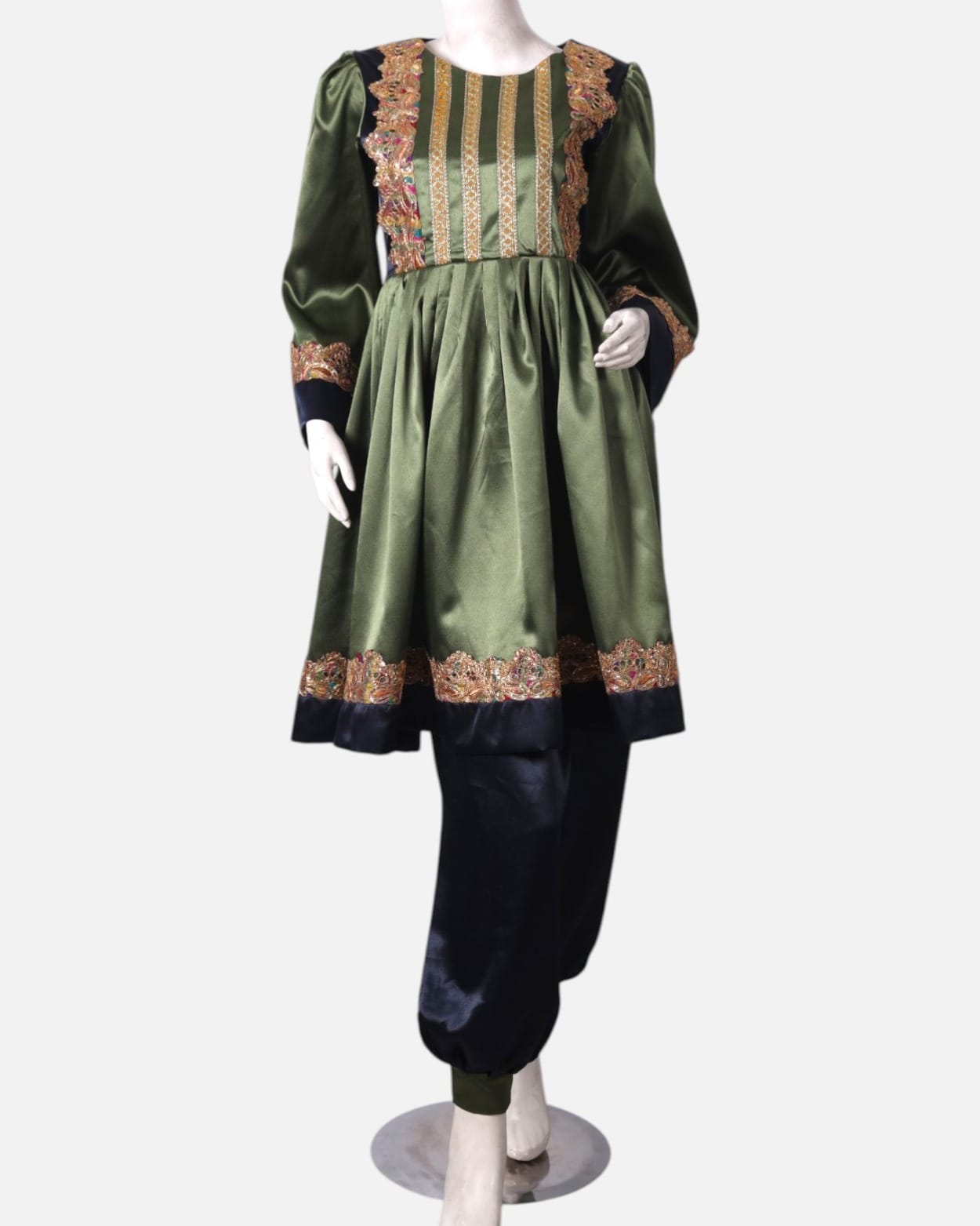 Green Satin Dress with Embroidered Details