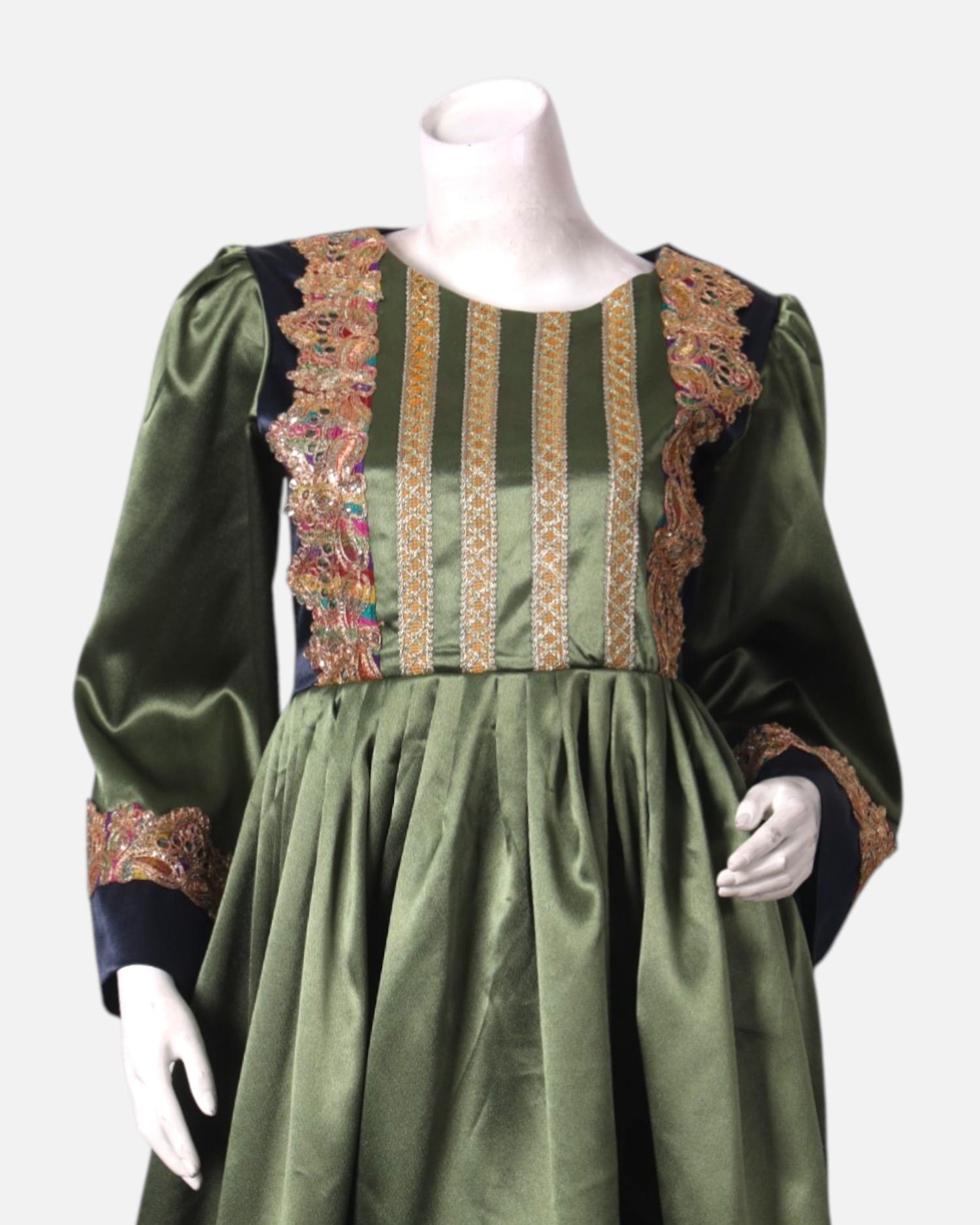 Green Satin Dress with Embroidered Details