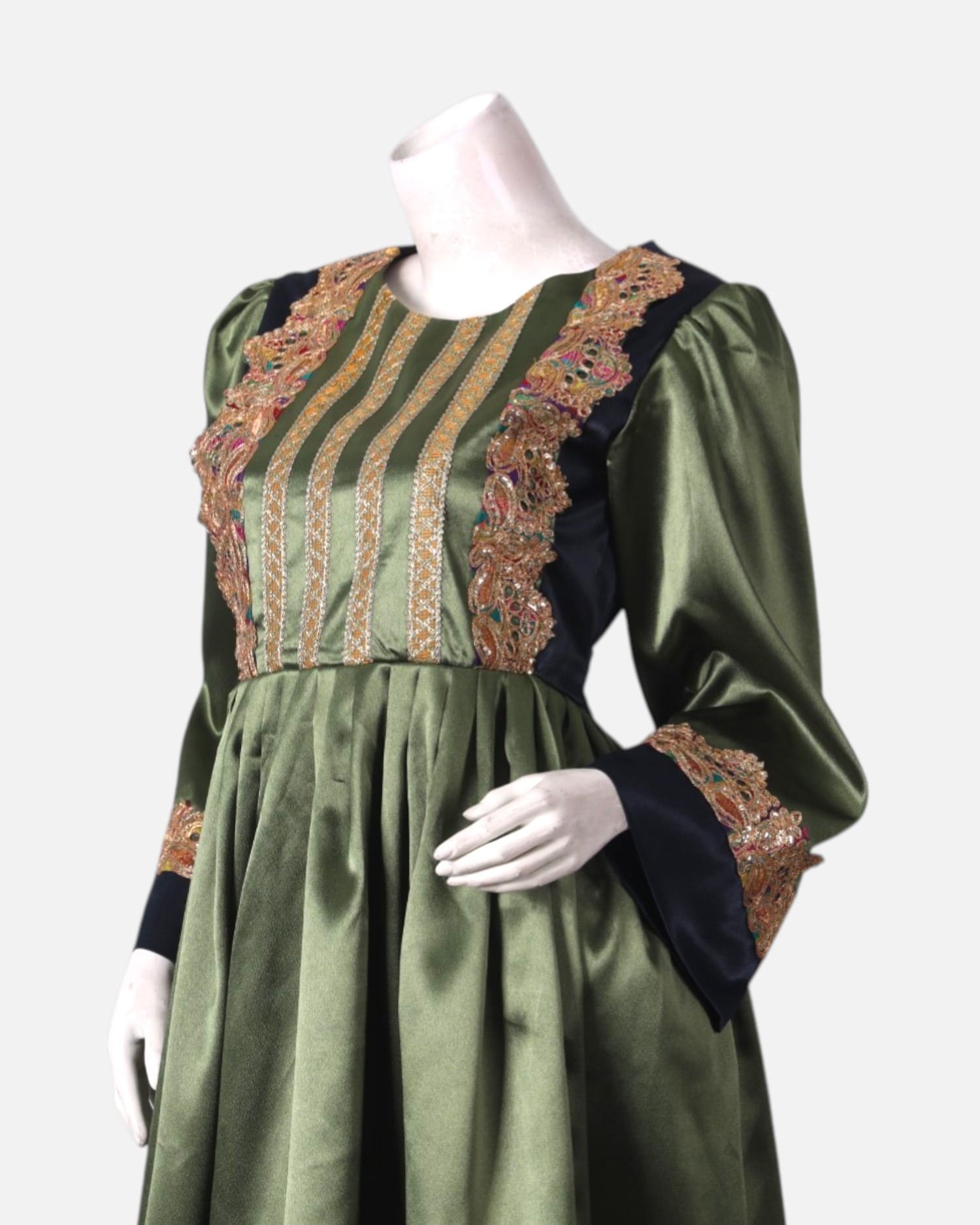 Green Satin Dress with Embroidered Details
