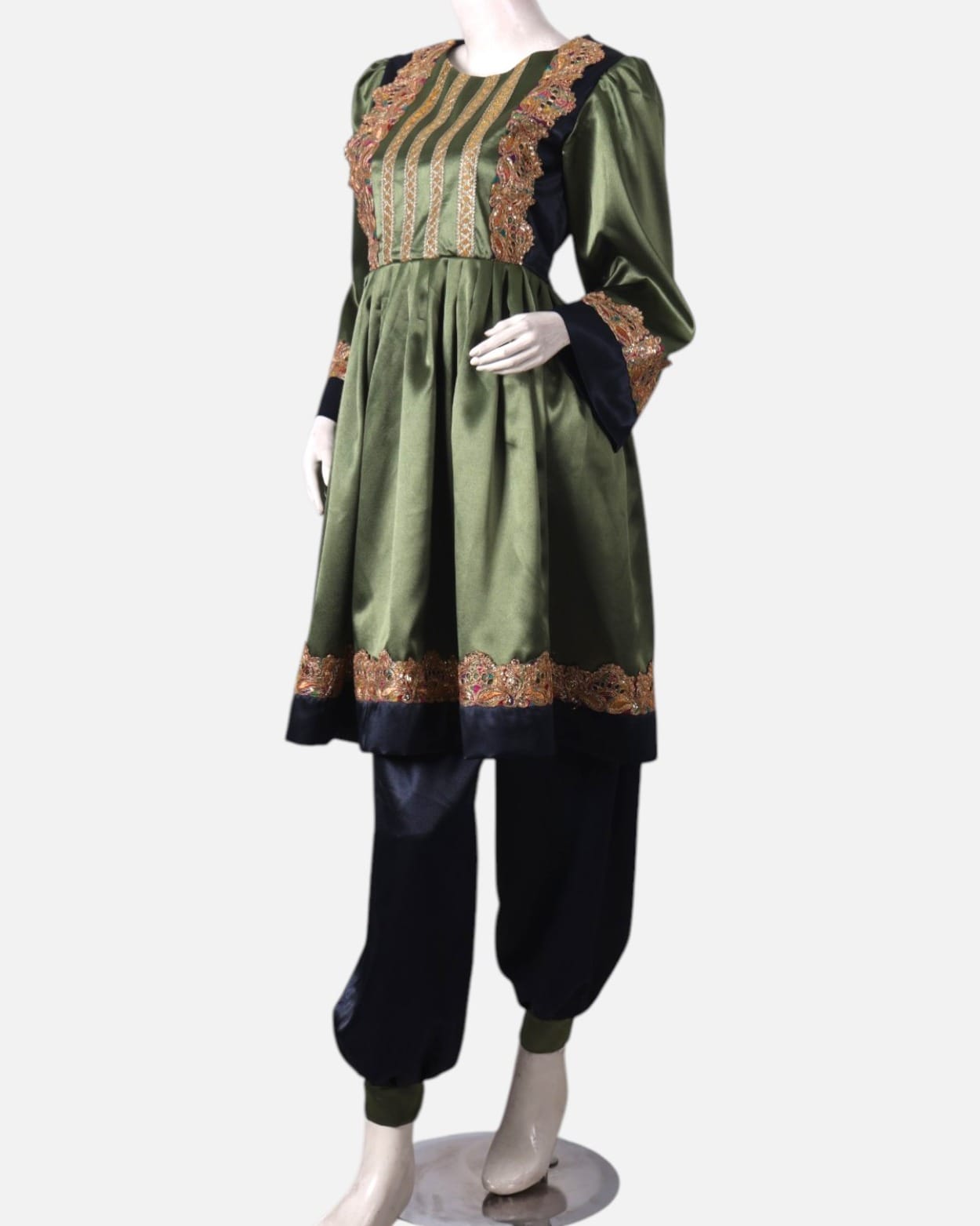 Green Satin Dress with Embroidered Details