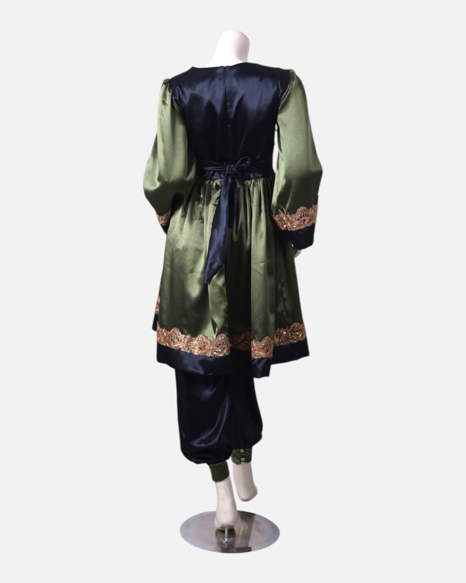 Green Satin Dress with Embroidered Details