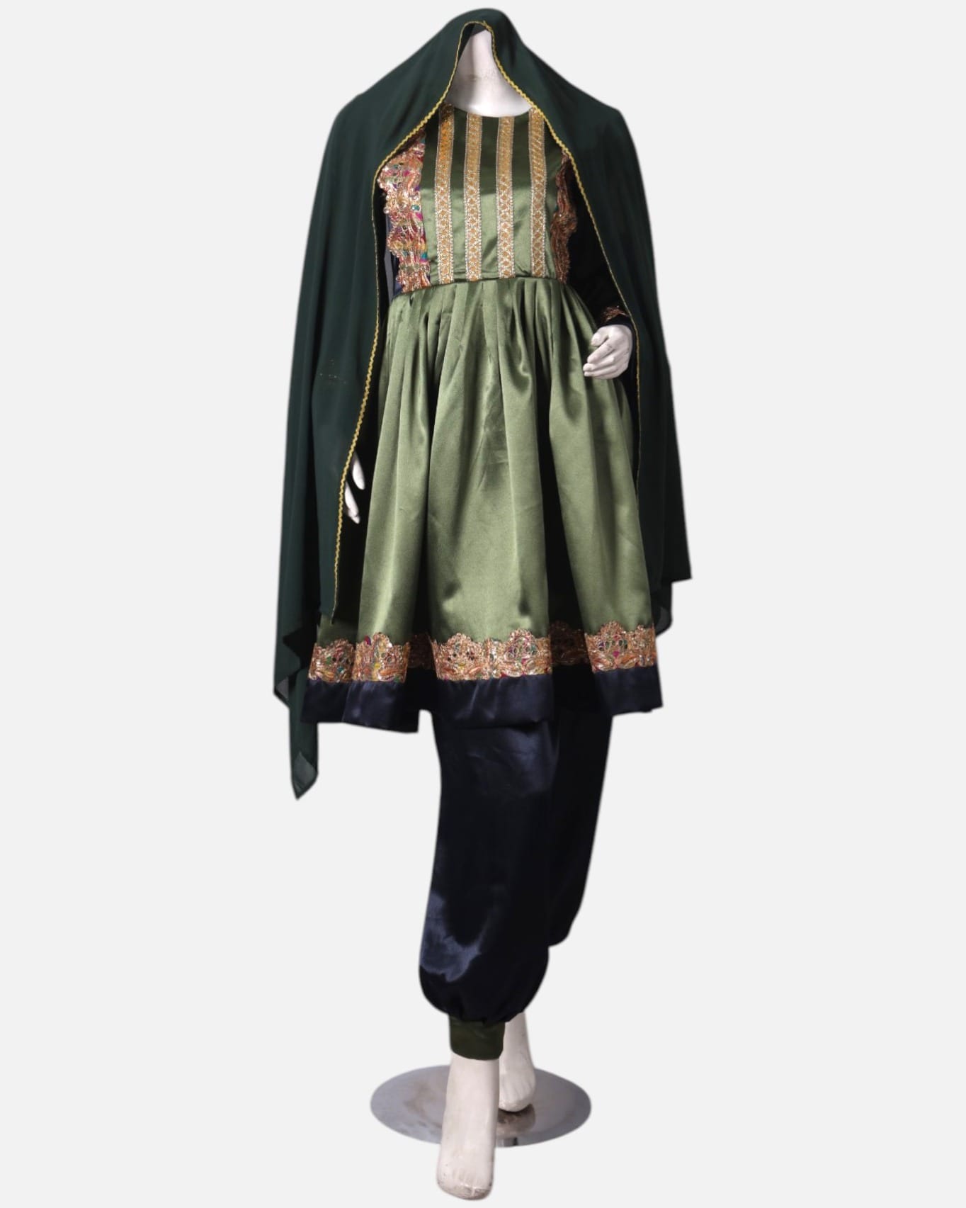 Green Satin Dress with Embroidered Details