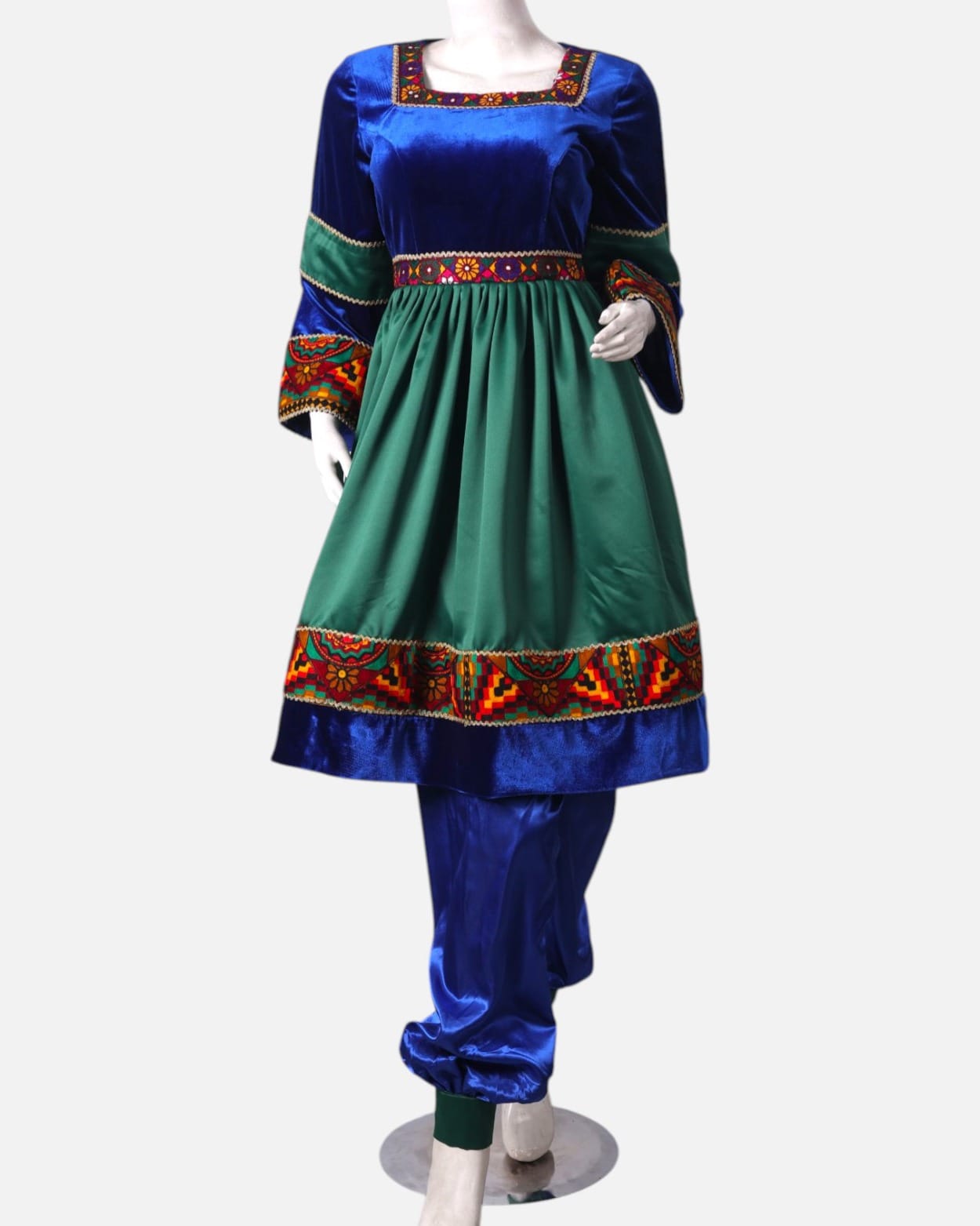 Green Velvet and Blue Satin Dress with Hand-Embroidered Details, Matching Dark Green Scarf & Satin Pants