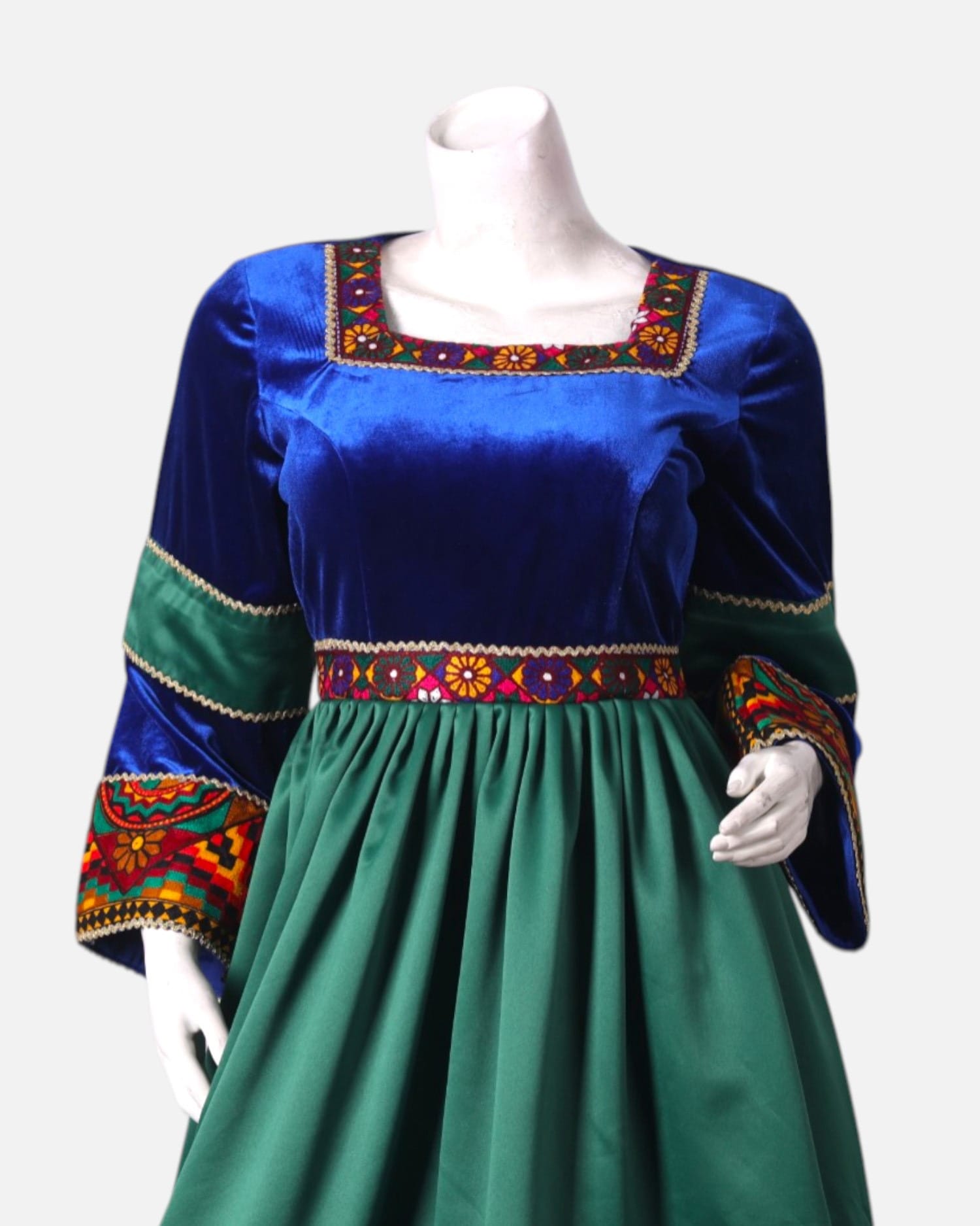 Green Velvet and Blue Satin Dress with Hand-Embroidered Details, Matching Dark Green Scarf & Satin Pants
