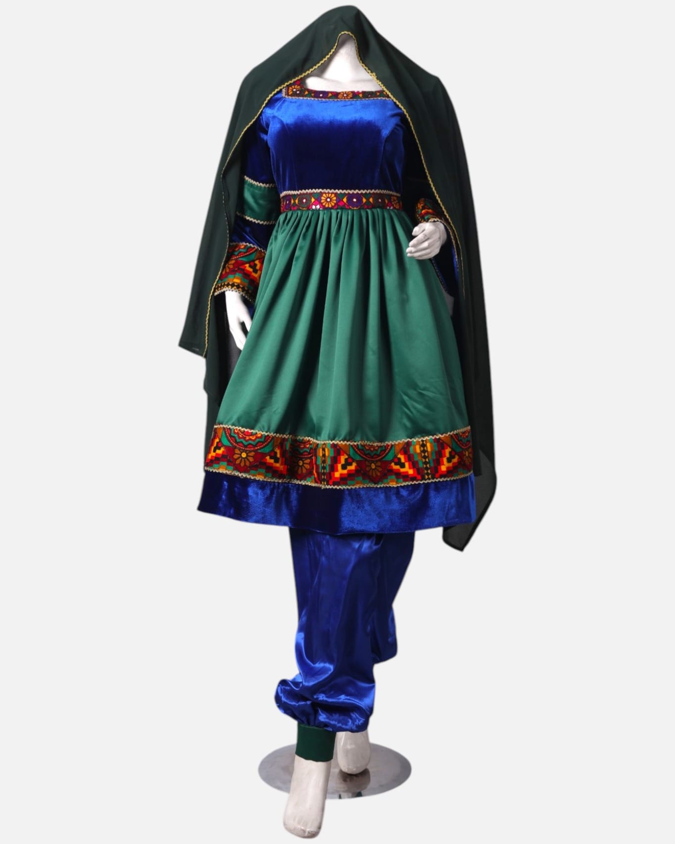 Green Velvet and Blue Satin Dress with Hand-Embroidered Details, Matching Dark Green Scarf & Satin Pants