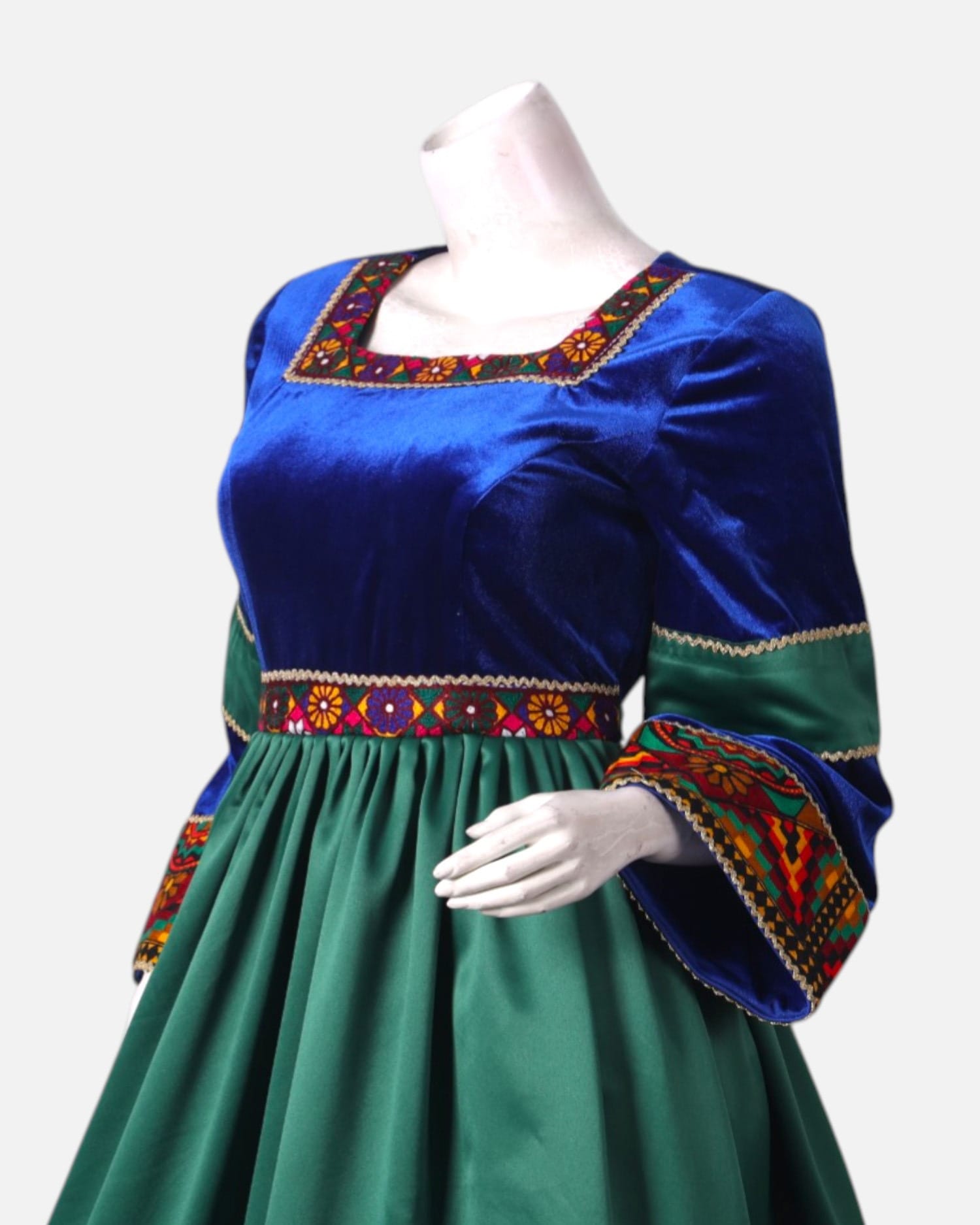 Green Velvet and Blue Satin Dress with Hand-Embroidered Details, Matching Dark Green Scarf & Satin Pants