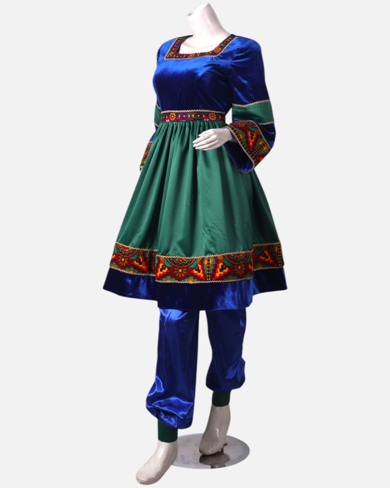 Green Velvet and Blue Satin Dress with Hand-Embroidered Details, Matching Dark Green Scarf & Satin Pants