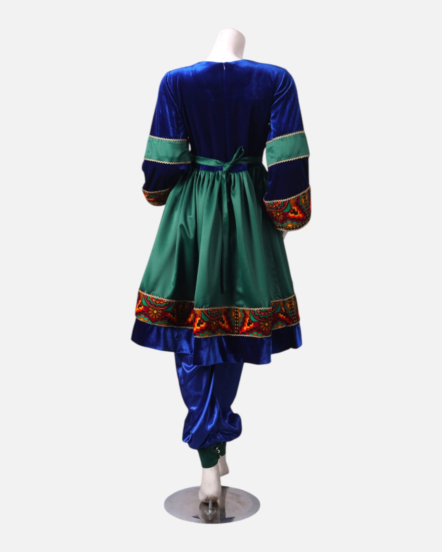 Green Velvet and Blue Satin Dress with Hand-Embroidered Details, Matching Dark Green Scarf & Satin Pants