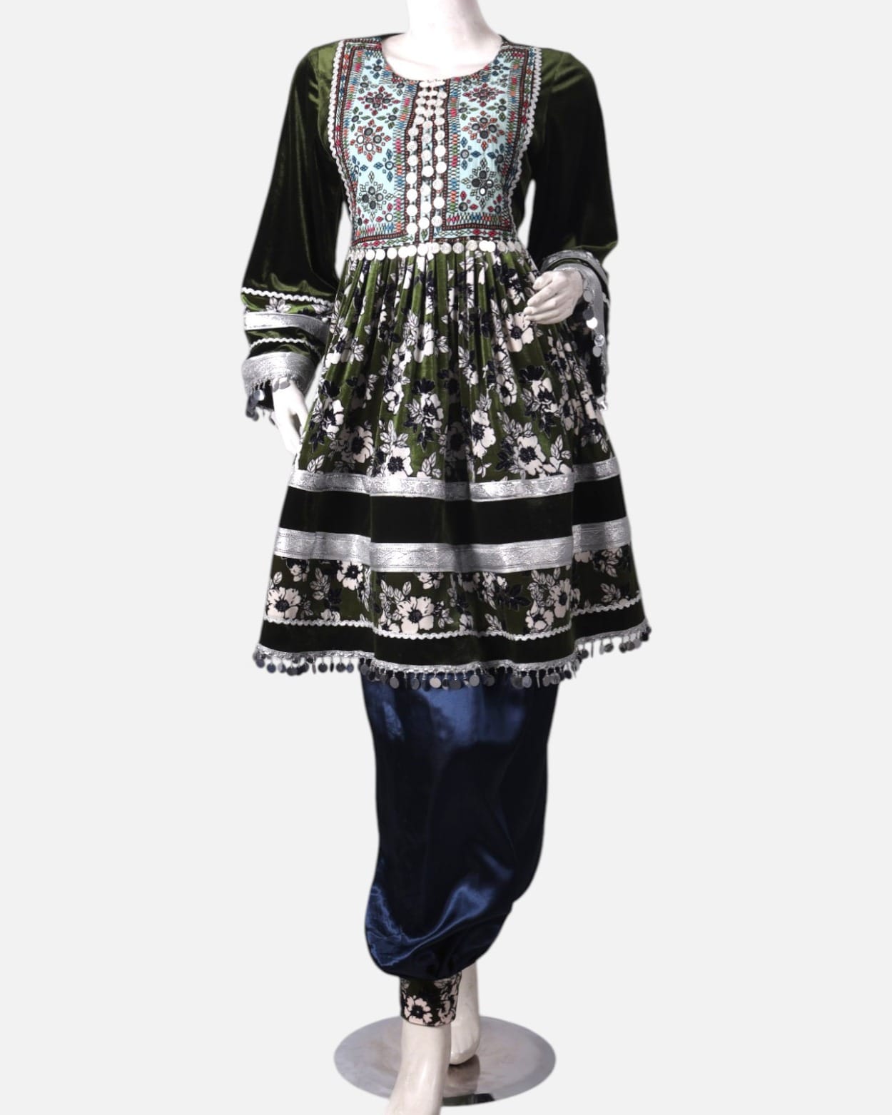 Afghan Traditional Embroidered Velvet and Satin Dress in Black & Green with Shawl