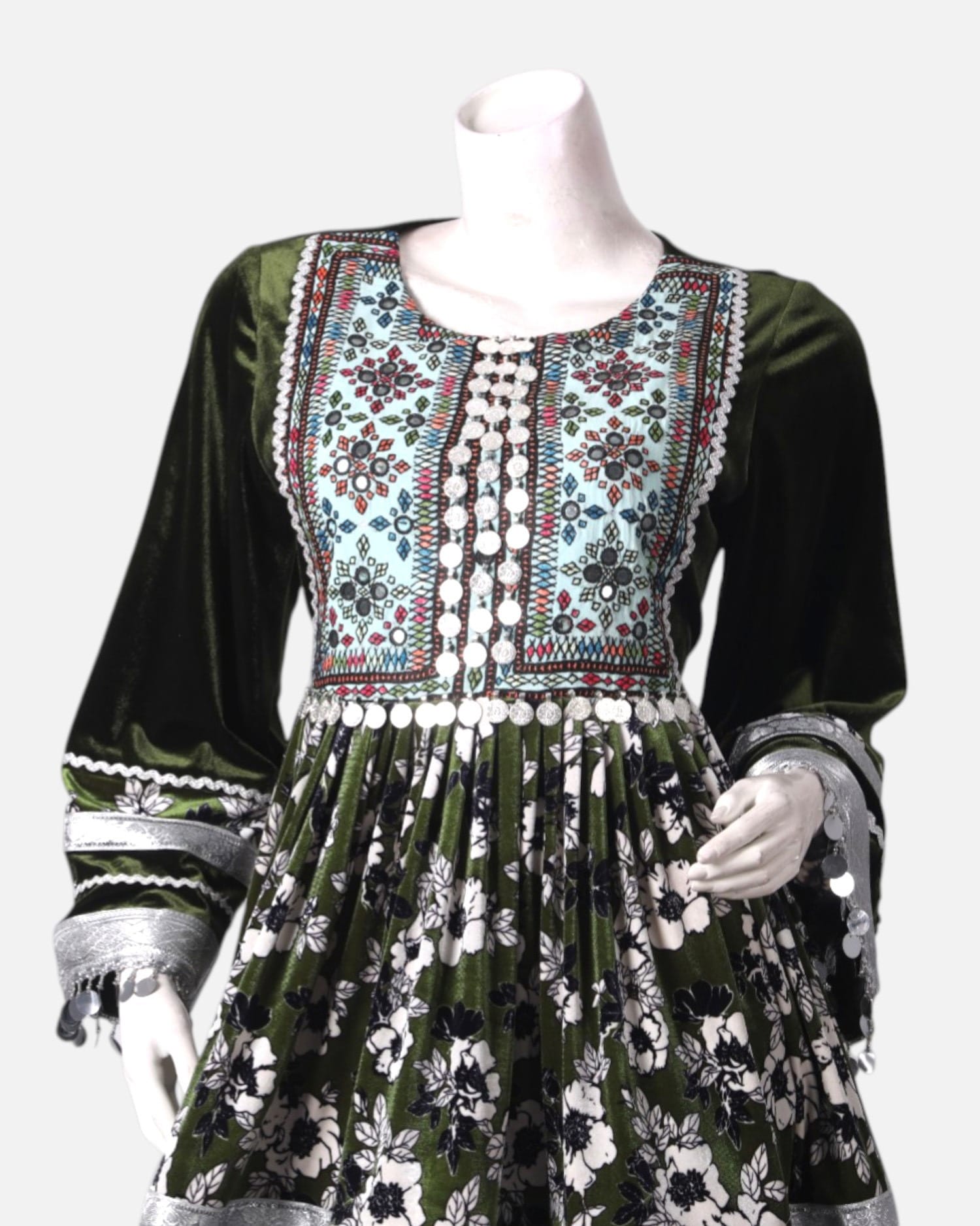 Afghan Traditional Embroidered Velvet and Satin Dress in Black & Green with Shawl